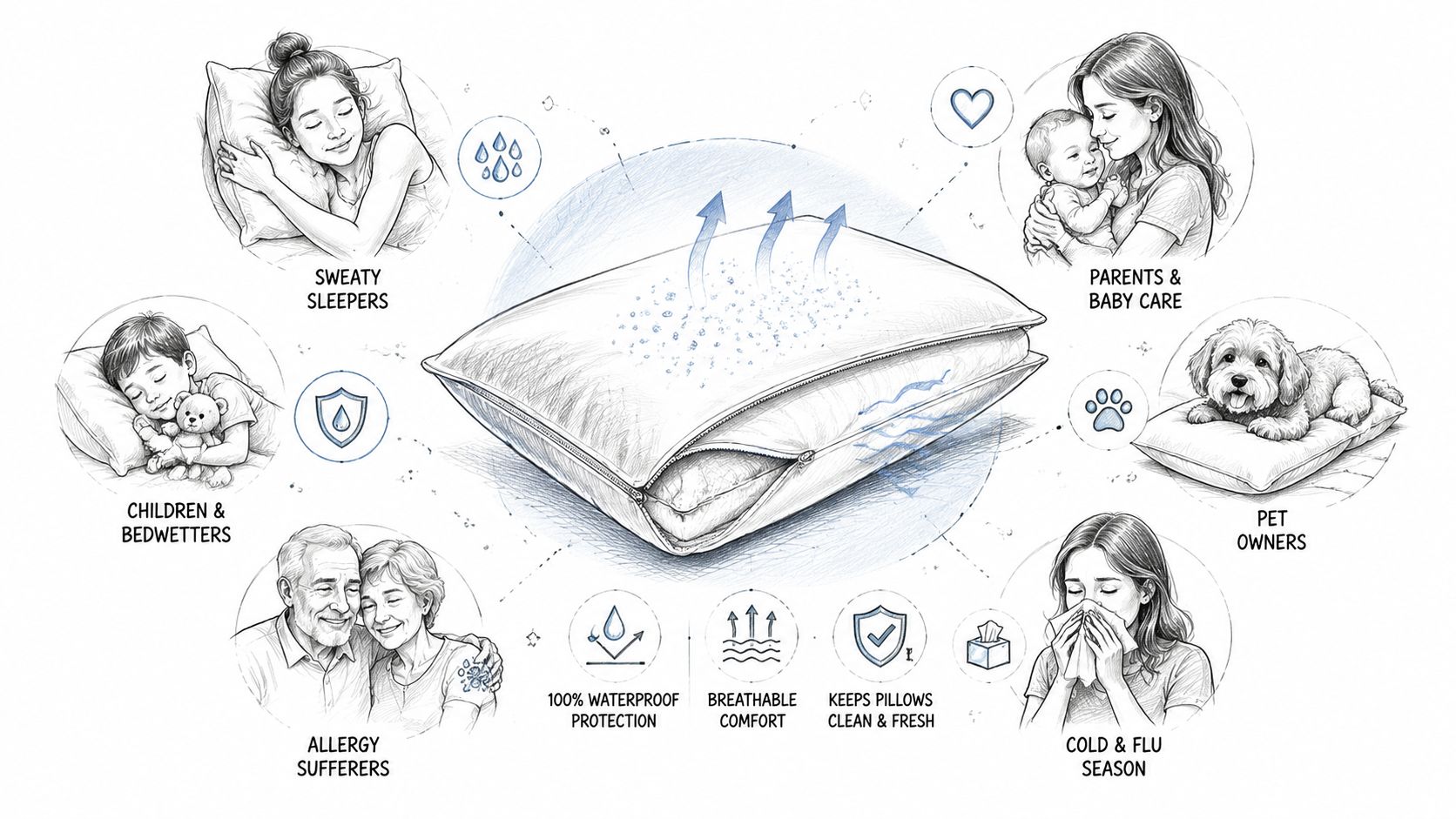 A detailed illustration showcasing the benefits of a waterproof and breathable pillow protector for various users.