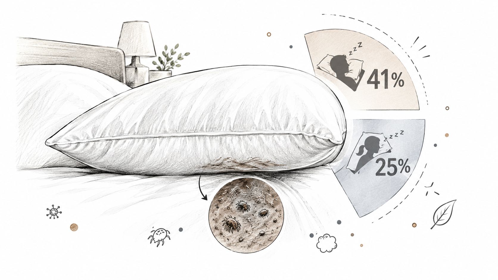 A pencil sketch illustration showing dust mites inside a pillow with percentages representing sleep habits.