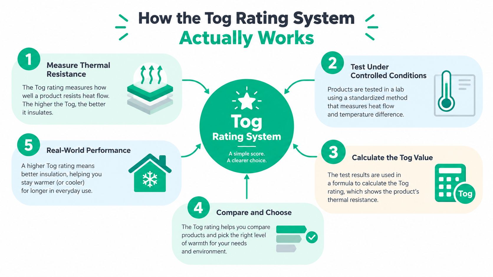 An infographic titled How the Tog Rating System Actually Works explaining the thermal resistance measurement process.