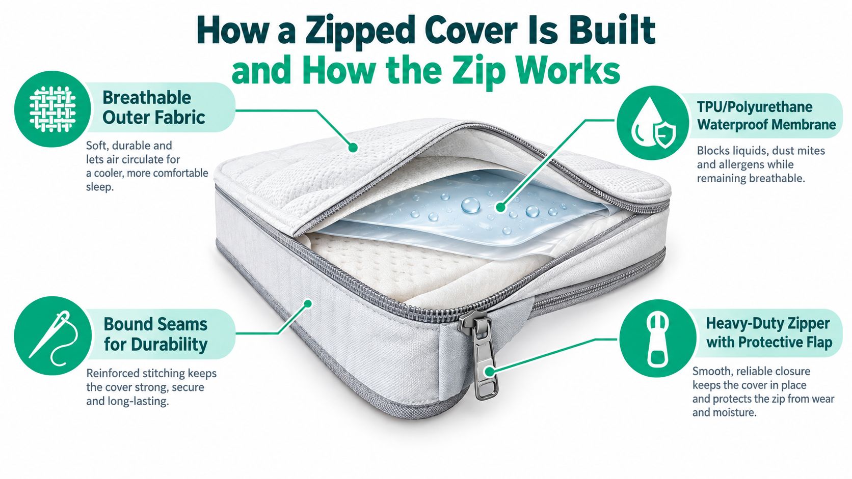 A diagram illustrating the layered construction of a zipped mattress cover with fabric, waterproof membrane, and zipper details.