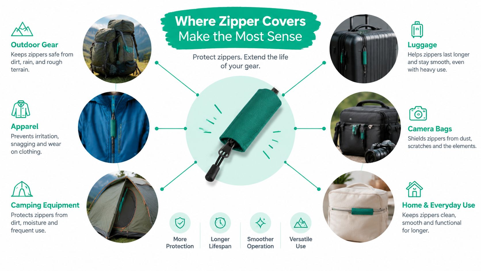A diagram illustrating the benefits and various applications of protective zipper covers on outdoor gear, luggage, and clothing.
