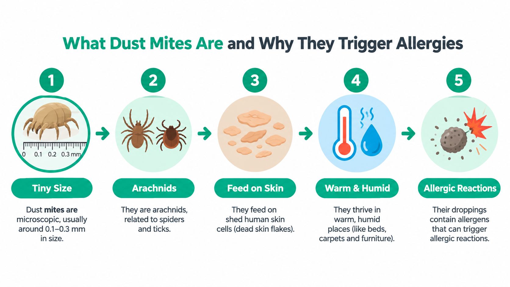 An infographic showing the five stages of dust mites, including their tiny size, classification, diet, environment, and allergens.
