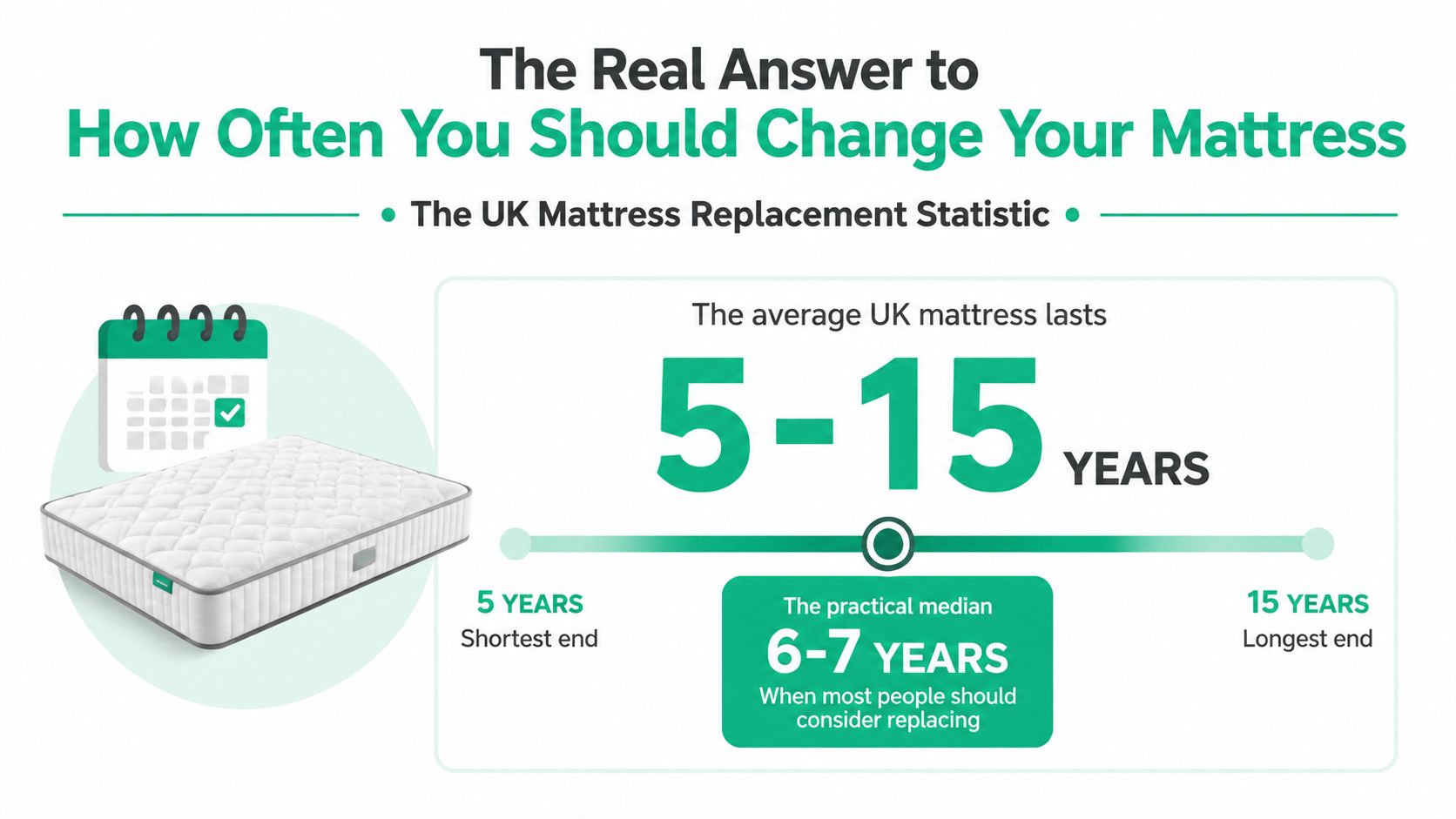 An infographic showing that the average UK mattress lasts between five and fifteen years before replacement.