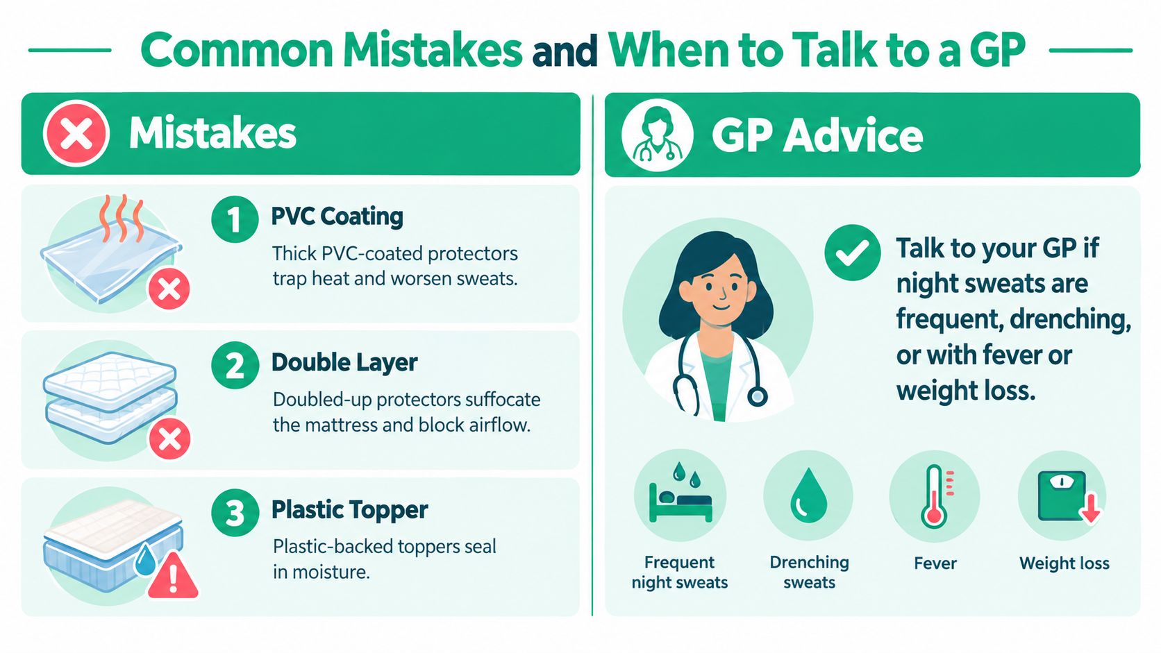 An infographic showing mattress protector mistakes to avoid and symptoms indicating when to consult a doctor.