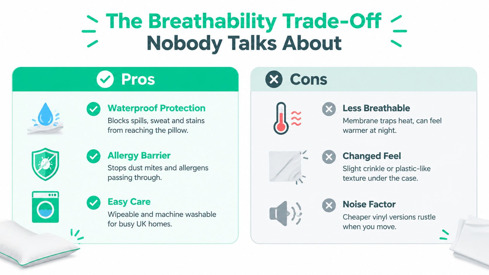 An infographic comparing the pros and cons of using waterproof pillow protectors for better sleep hygiene.