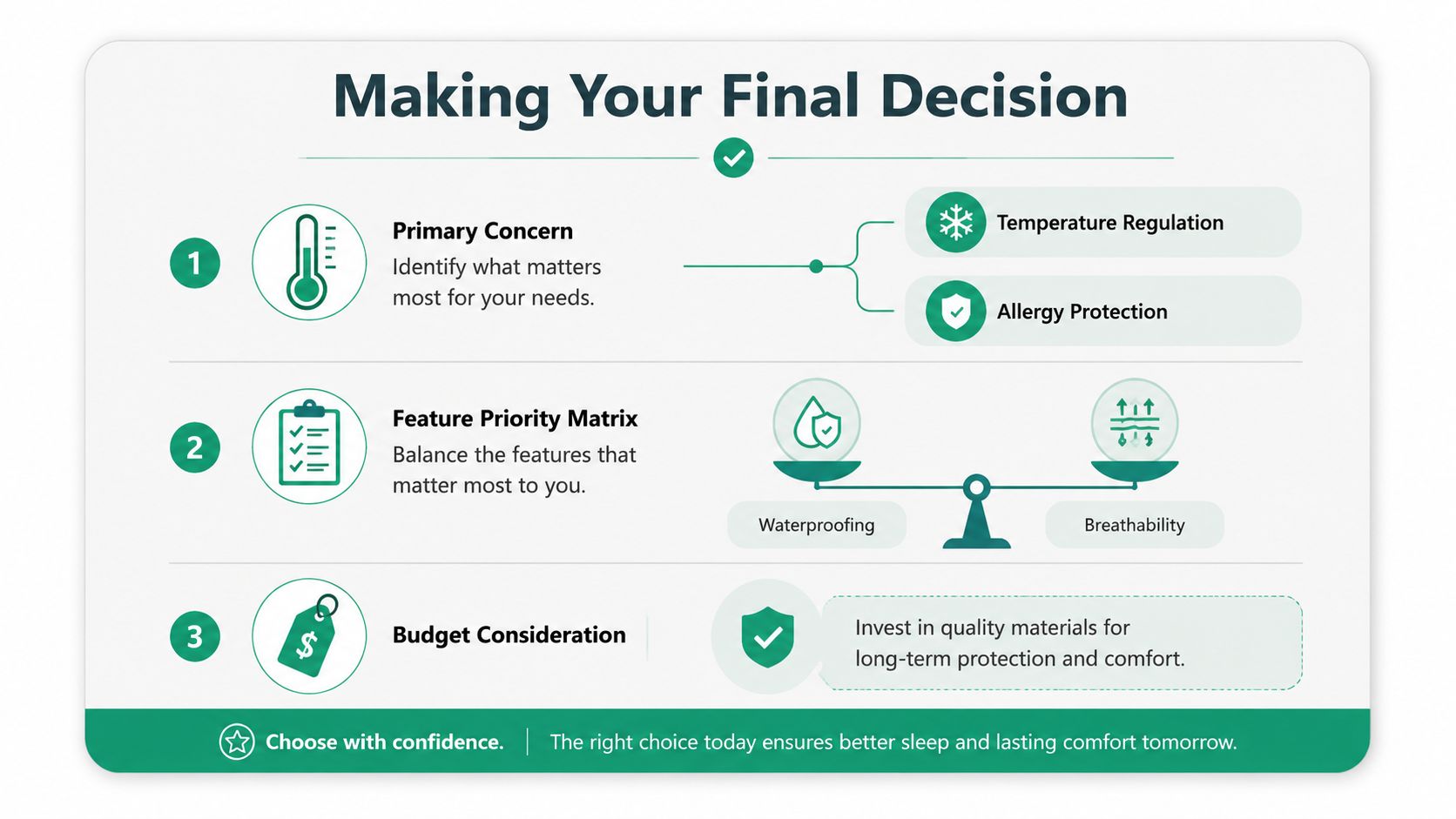 A guide infographic titled Making Your Final Decision showing three steps to choose a memory foam mattress protector.