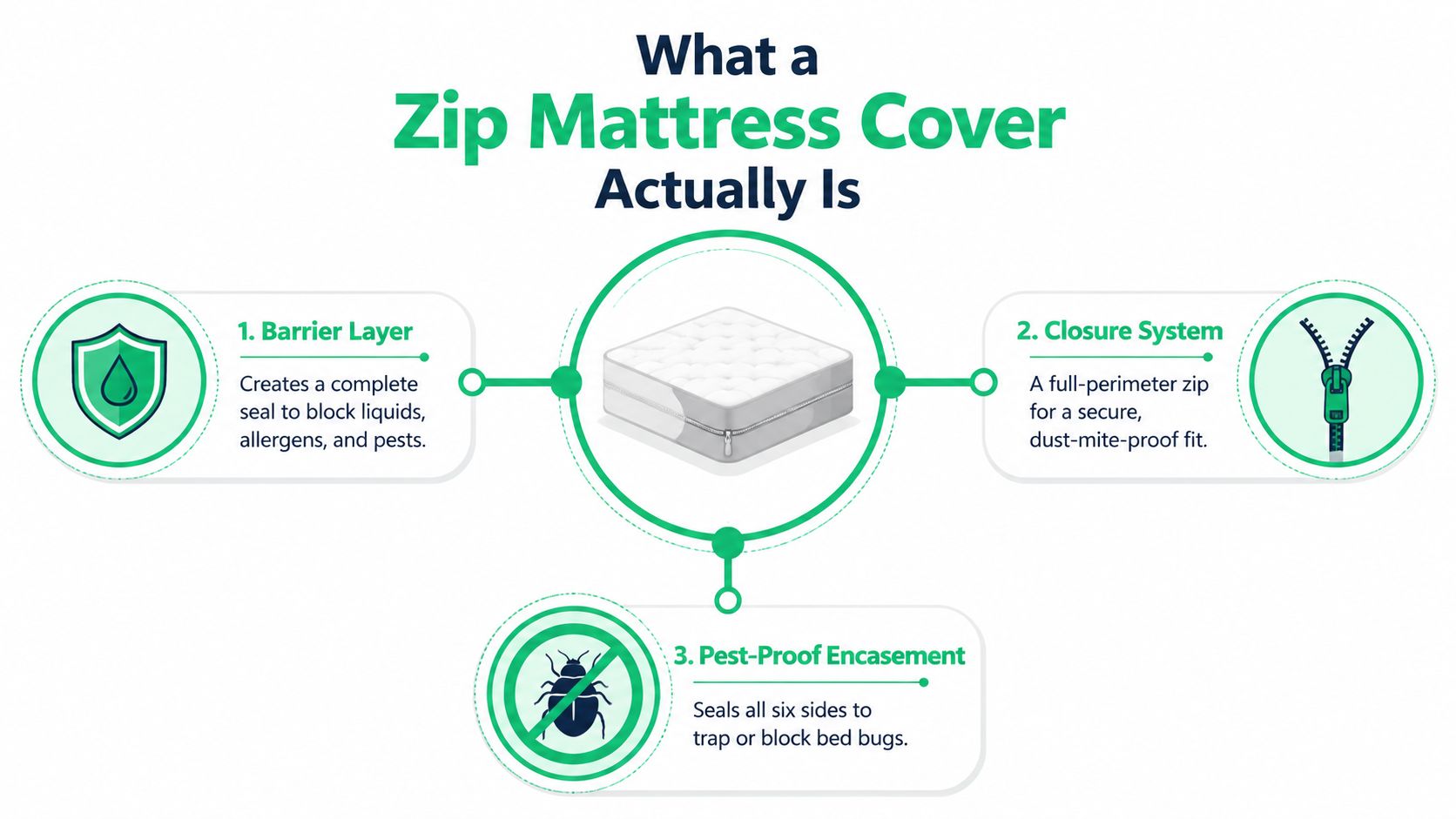 A diagram illustrating the three main features of a zip mattress cover for bed bug protection.