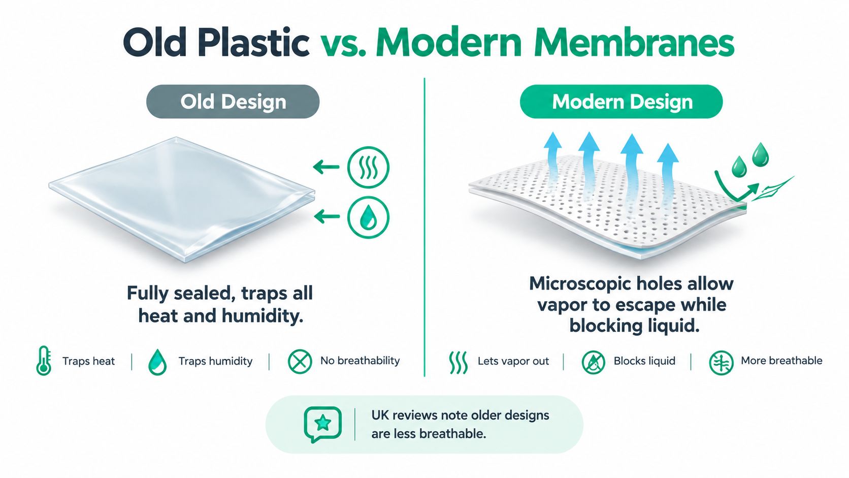 A comparison graphic showing old plastic versus modern breathable membranes for mattress protectors and their ventilation properties.
