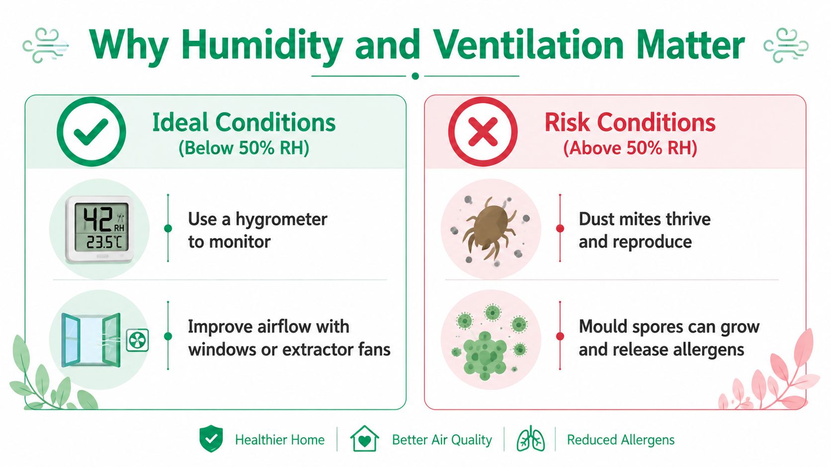 An infographic illustrating how to maintain healthy home humidity levels below 50% to prevent allergens.