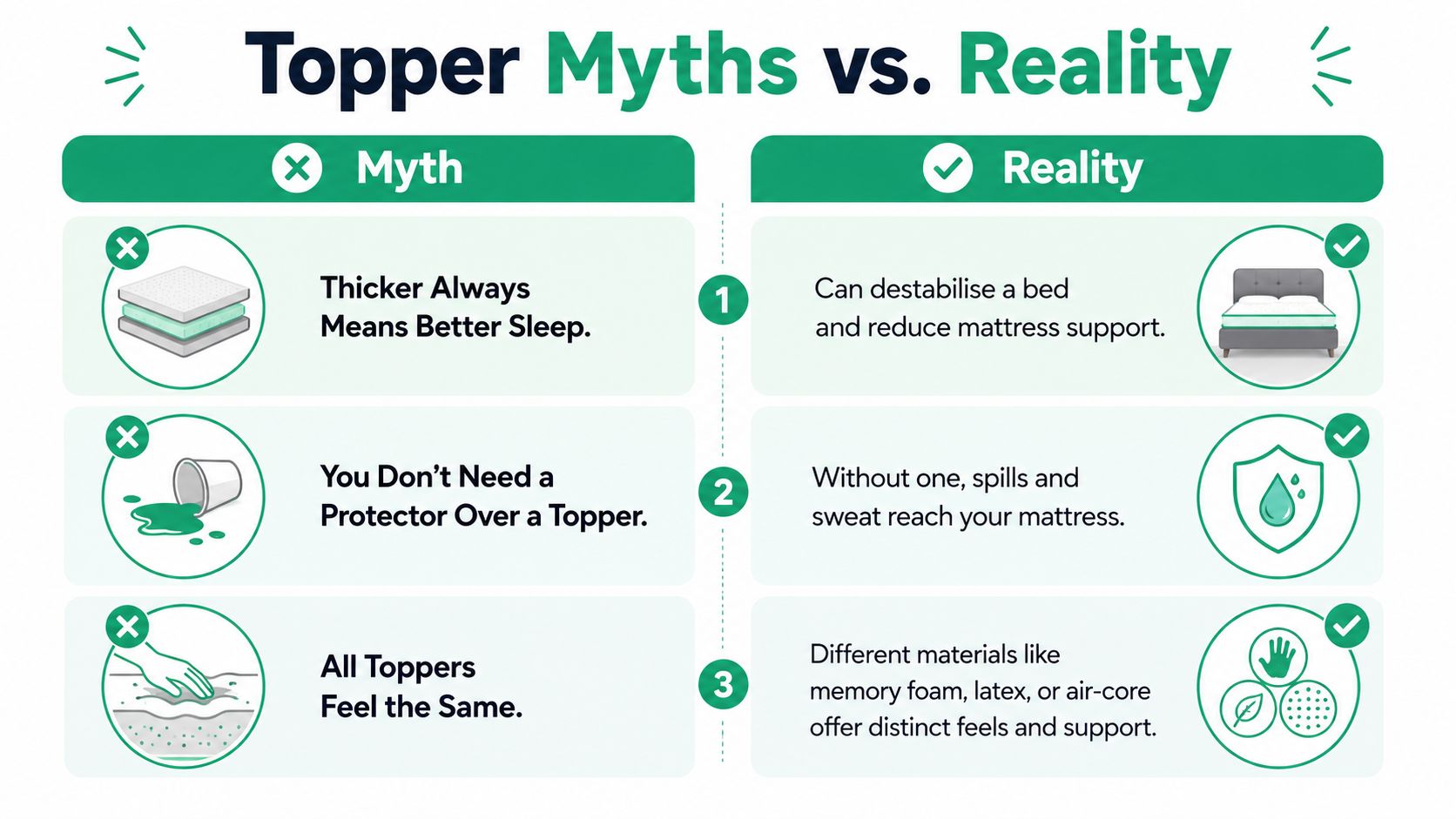 An infographic comparing common mattress topper myths to the reality, highlighting thickness, protection, and material differences.