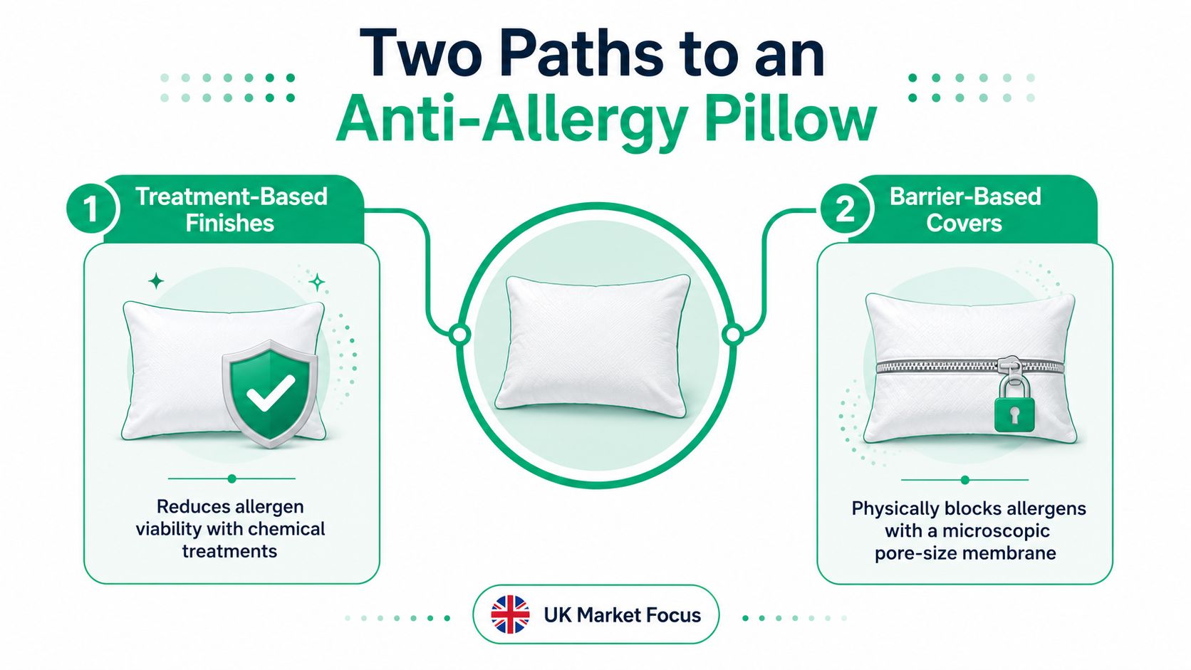 A diagram comparing two types of anti-allergy pillows: treatment-based chemical finishes and barrier-based protective covers.