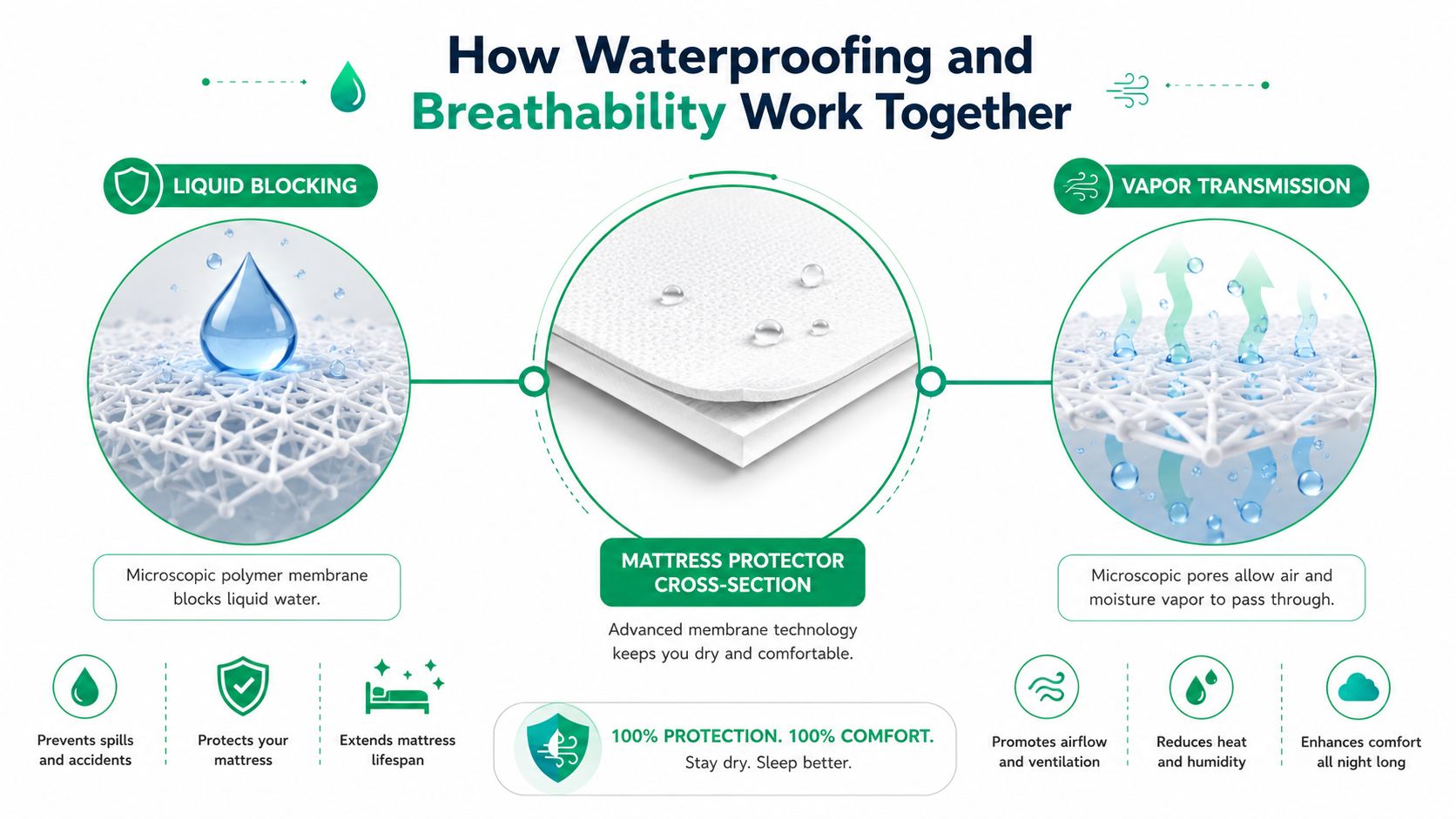 An infographic showing how a mattress protector uses a microscopic membrane to block liquids while allowing vapor.