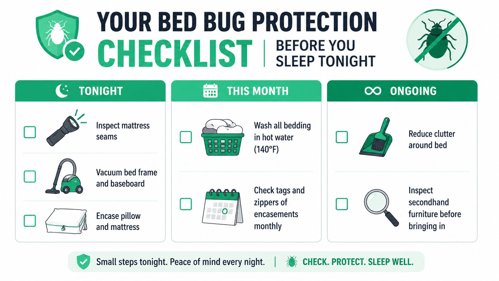 An infographic checklist for bed bug protection including tasks for tonight, this month, and ongoing maintenance.