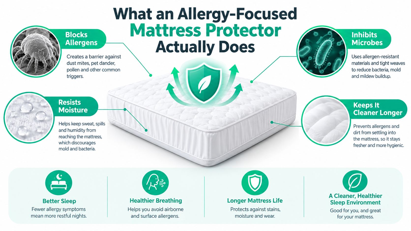 An infographic showing the benefits of an allergy-focused mattress protector, including moisture resistance and allergen blocking.