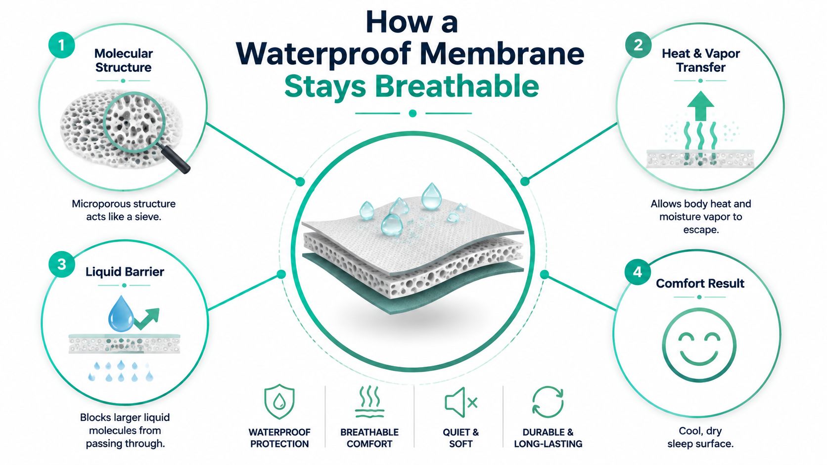 An infographic explaining how a waterproof, breathable mattress protector membrane allows vapor escape while blocking liquid.