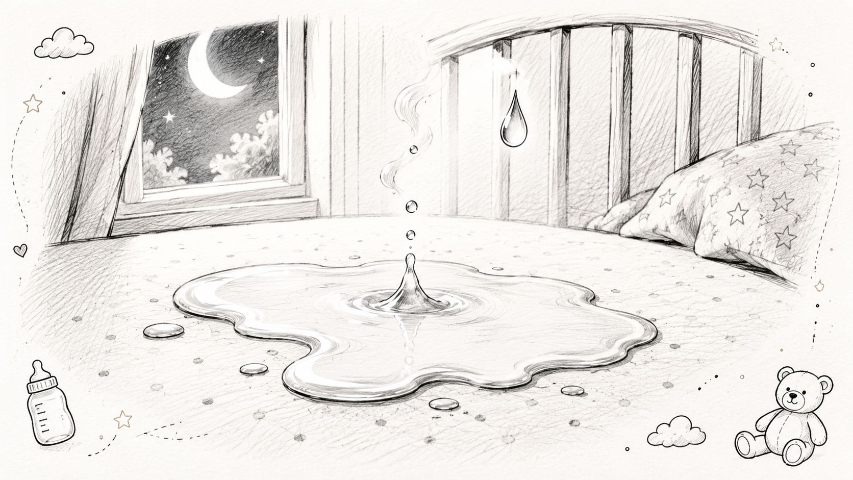 A pencil sketch of a spilled liquid on a crib mattress with a bottle and teddy bear.