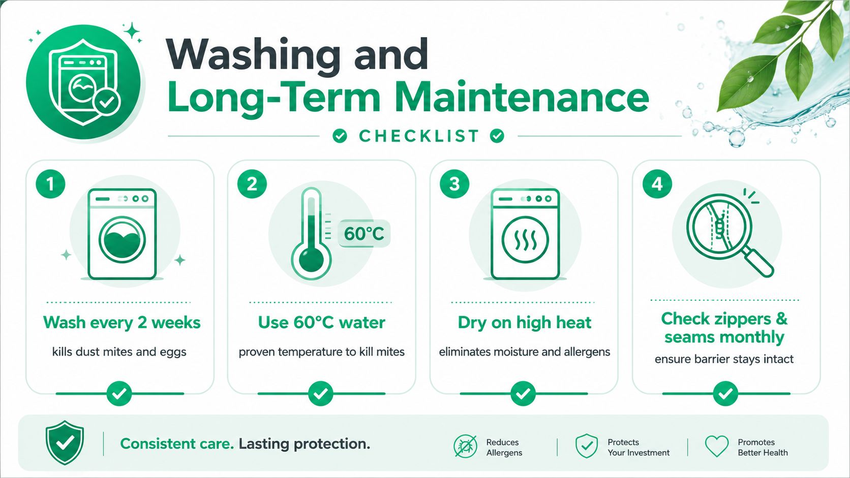 A four-step infographic illustrating washing and long-term maintenance instructions for a dust mite proof pillow protector.