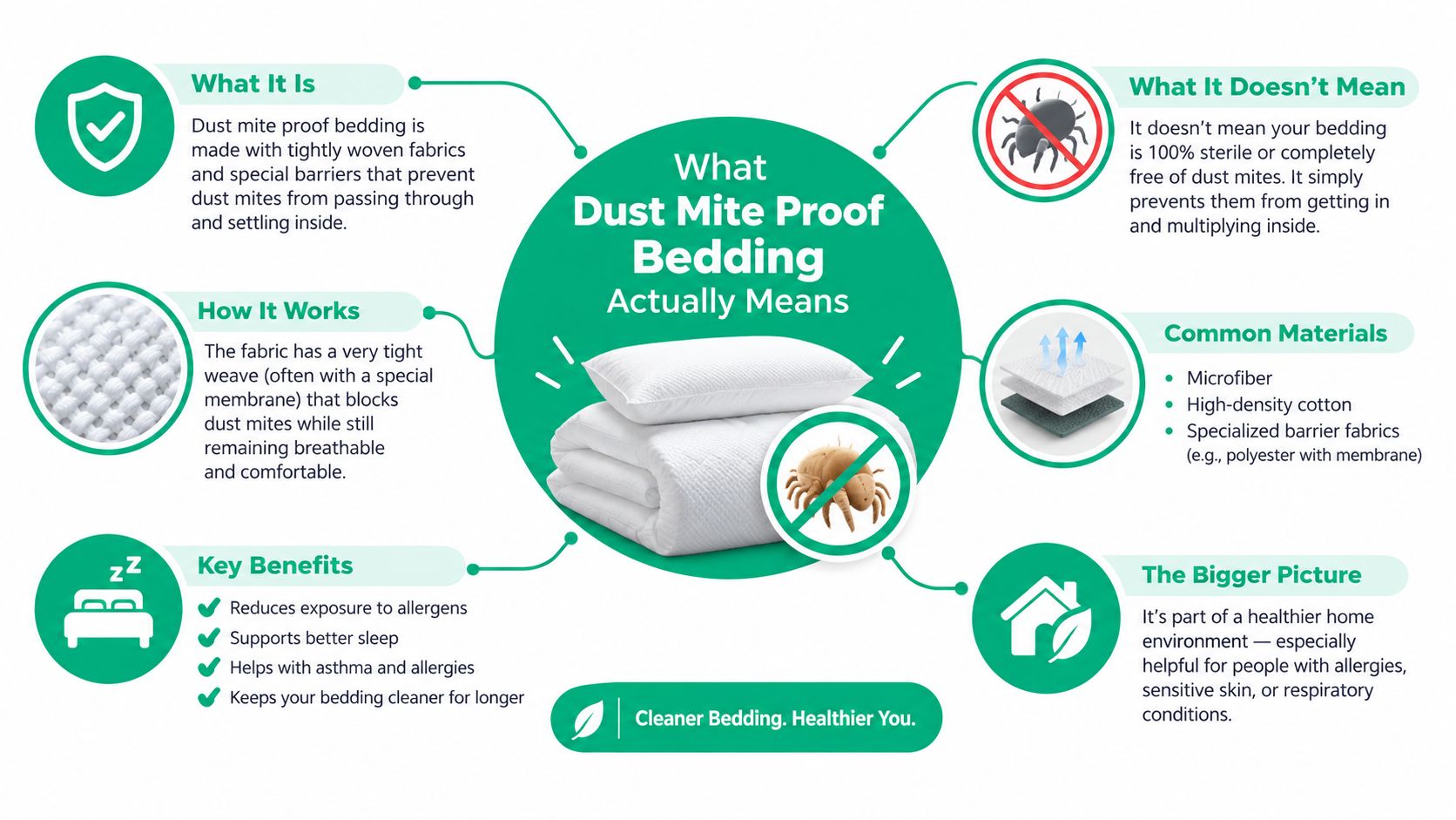 An infographic explaining what dust mite proof bedding is, its benefits, materials, and how it effectively works.