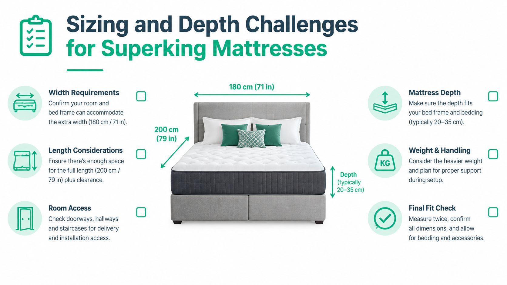 A checklist infographic outlining important sizing and depth considerations when purchasing a new superking size mattress.