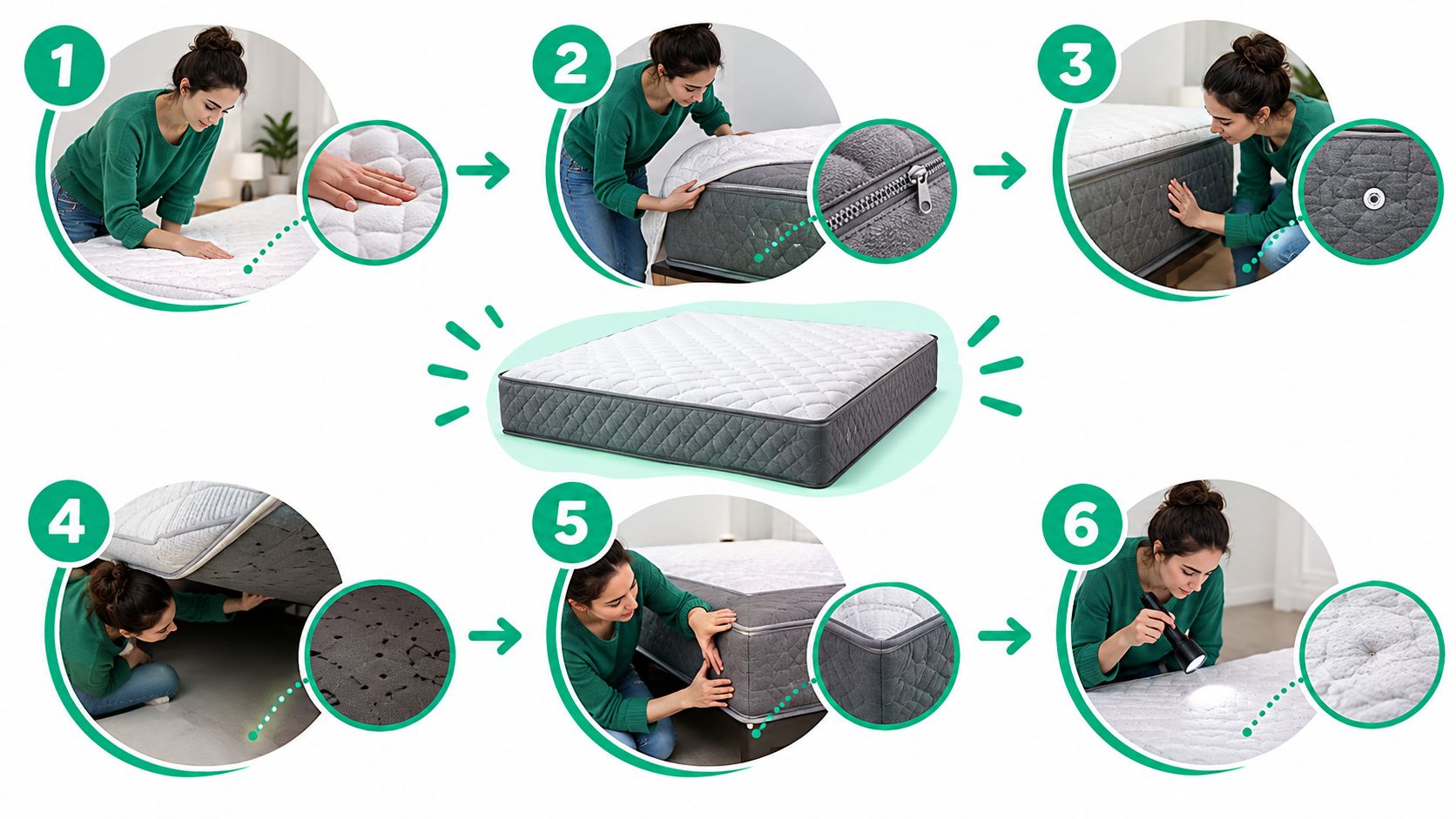 A woman inspecting a mattress for signs of bed bugs through a step-by-step visual guide.
