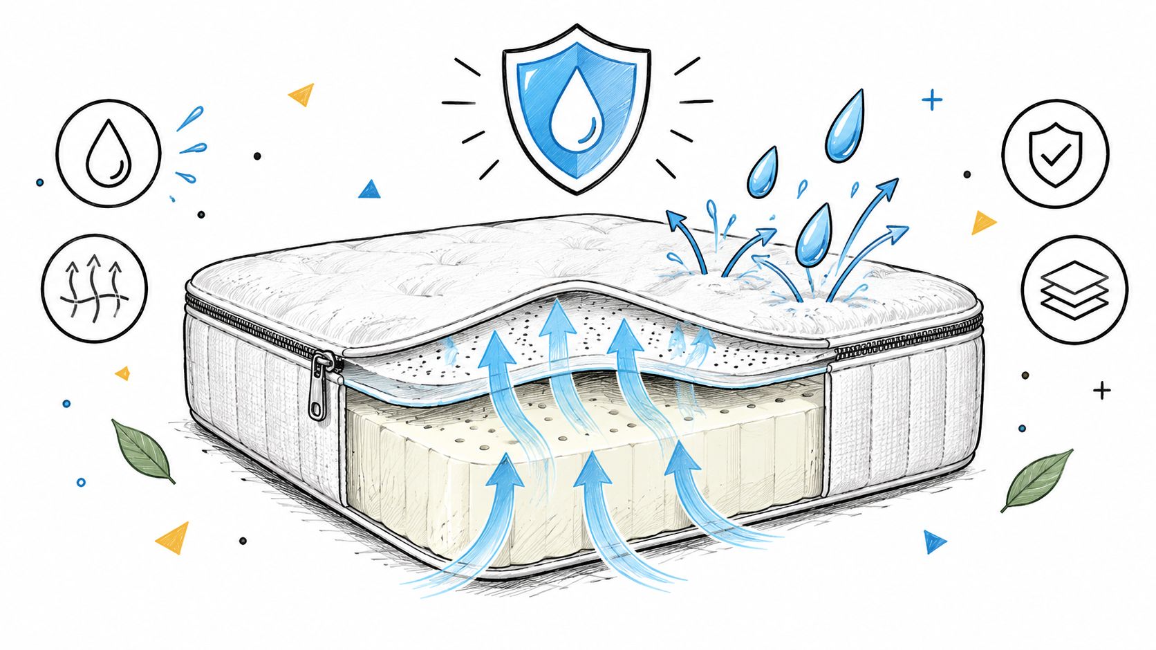 An illustrative cutaway view of a layered mattress demonstrating water resistance, airflow, and comfort layers.