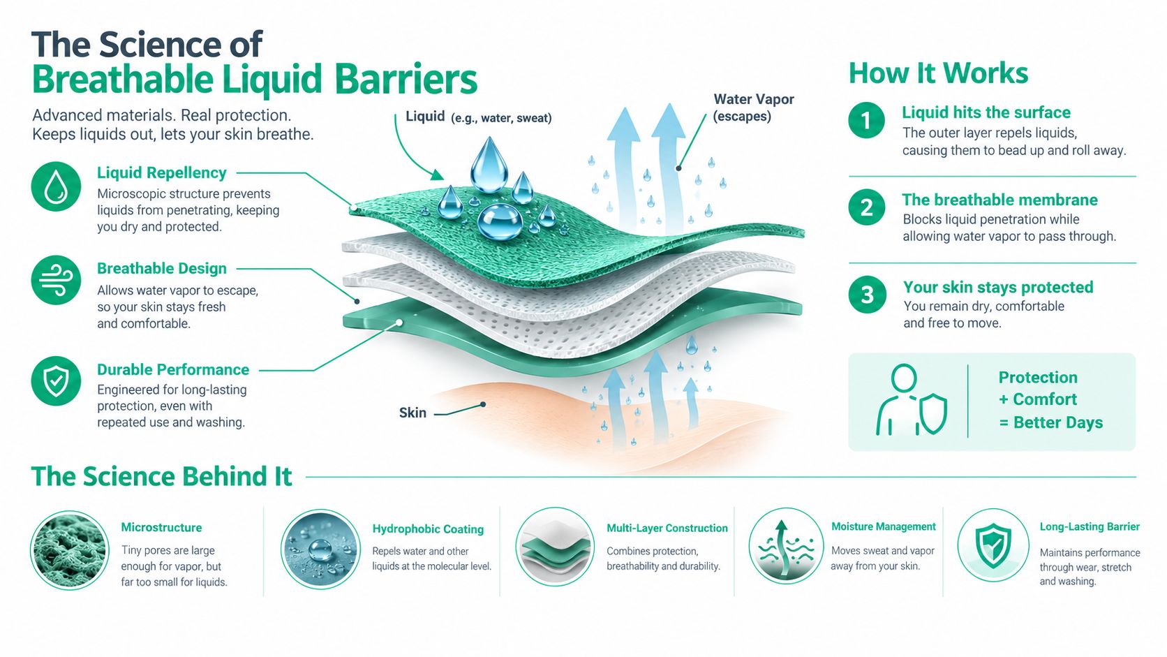 An infographic detailing the science of breathable liquid barriers showing how protective layers repel liquids while allowing vapor.