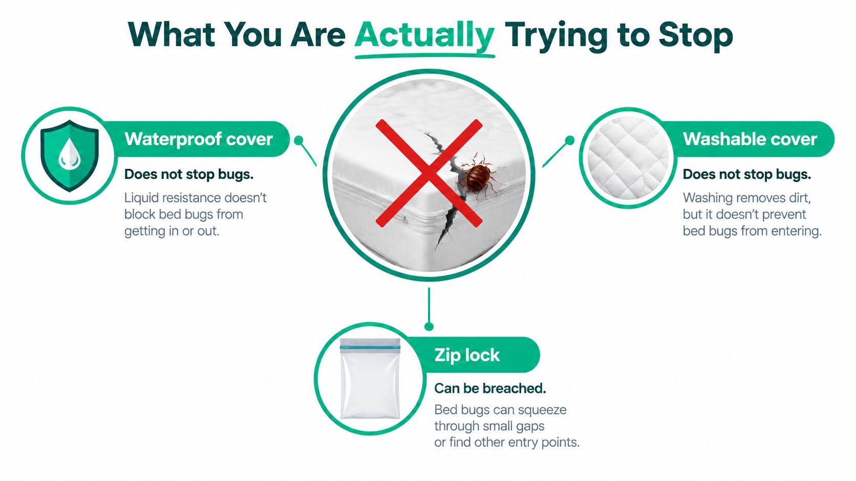 An infographic illustrating that waterproof covers, washable covers, and zip locks do not effectively block bed bugs.