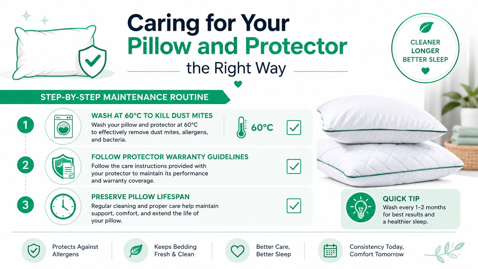 A helpful infographic outlining a three-step maintenance routine for cleaning and caring for pillows and protectors.