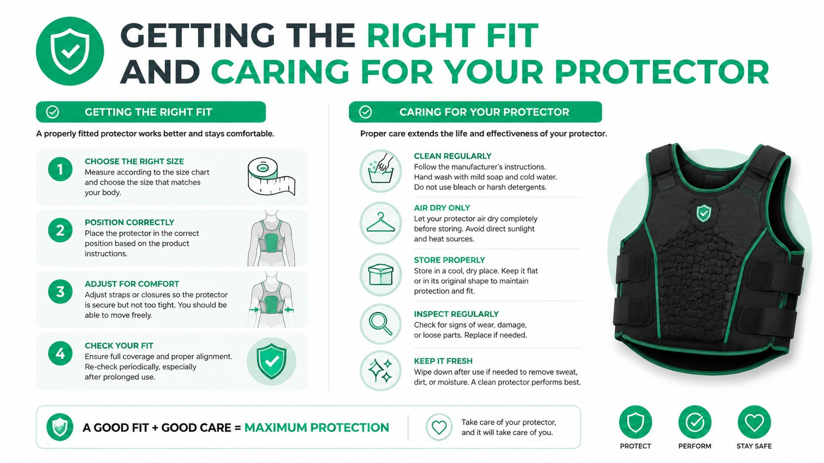 An infographic detailing how to properly fit, wear, and maintain a body protection vest for safety.