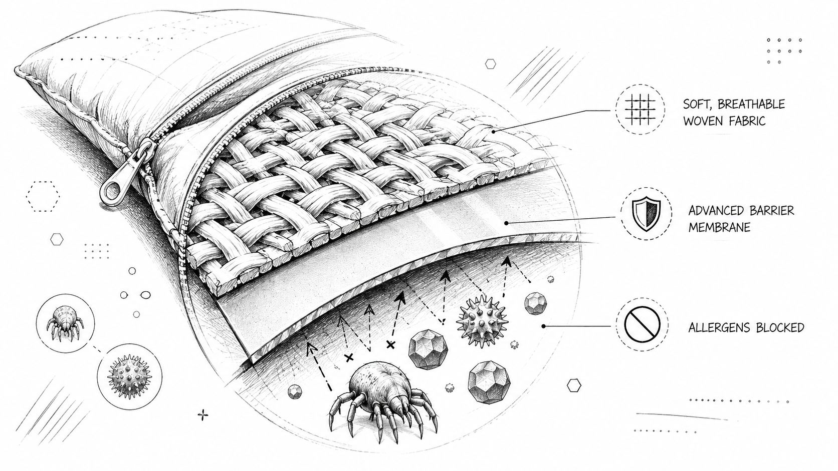 A detailed technical cross-section diagram of an anti-allergy pillow protector blocking dust mites and allergens.