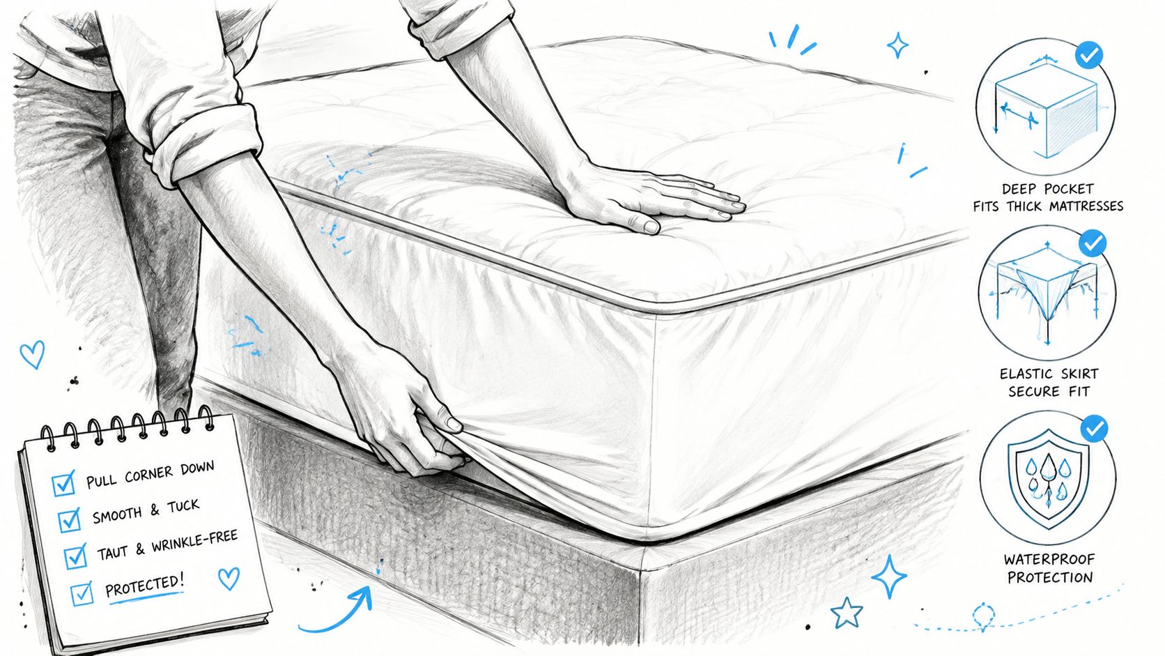 A hand secures a fitted mattress protector onto a deep mattress, illustrating easy application and waterproof protection.