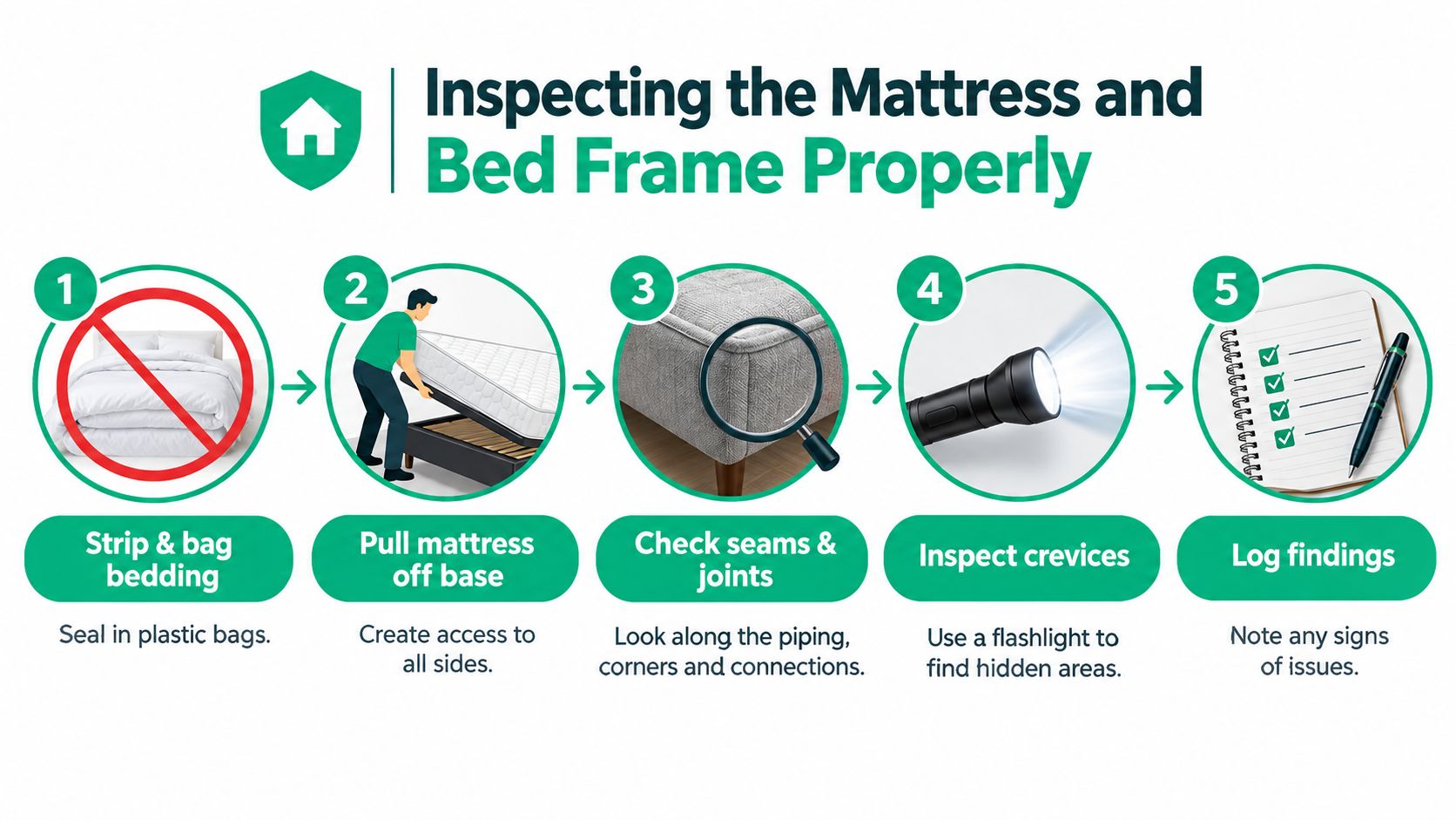 An infographic showing a five-step process for inspecting a mattress and bed frame for bed bugs.
