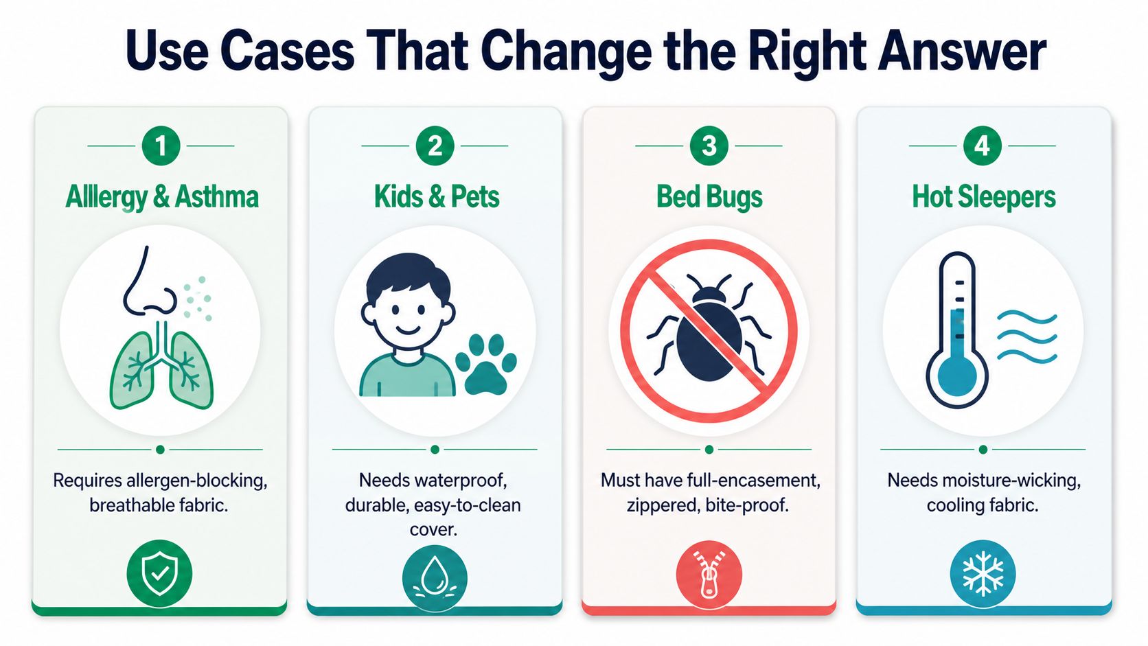 A diagram illustrating four key scenarios for choosing mattress covers: allergies, children and pets, bed bugs, and hot sleepers.