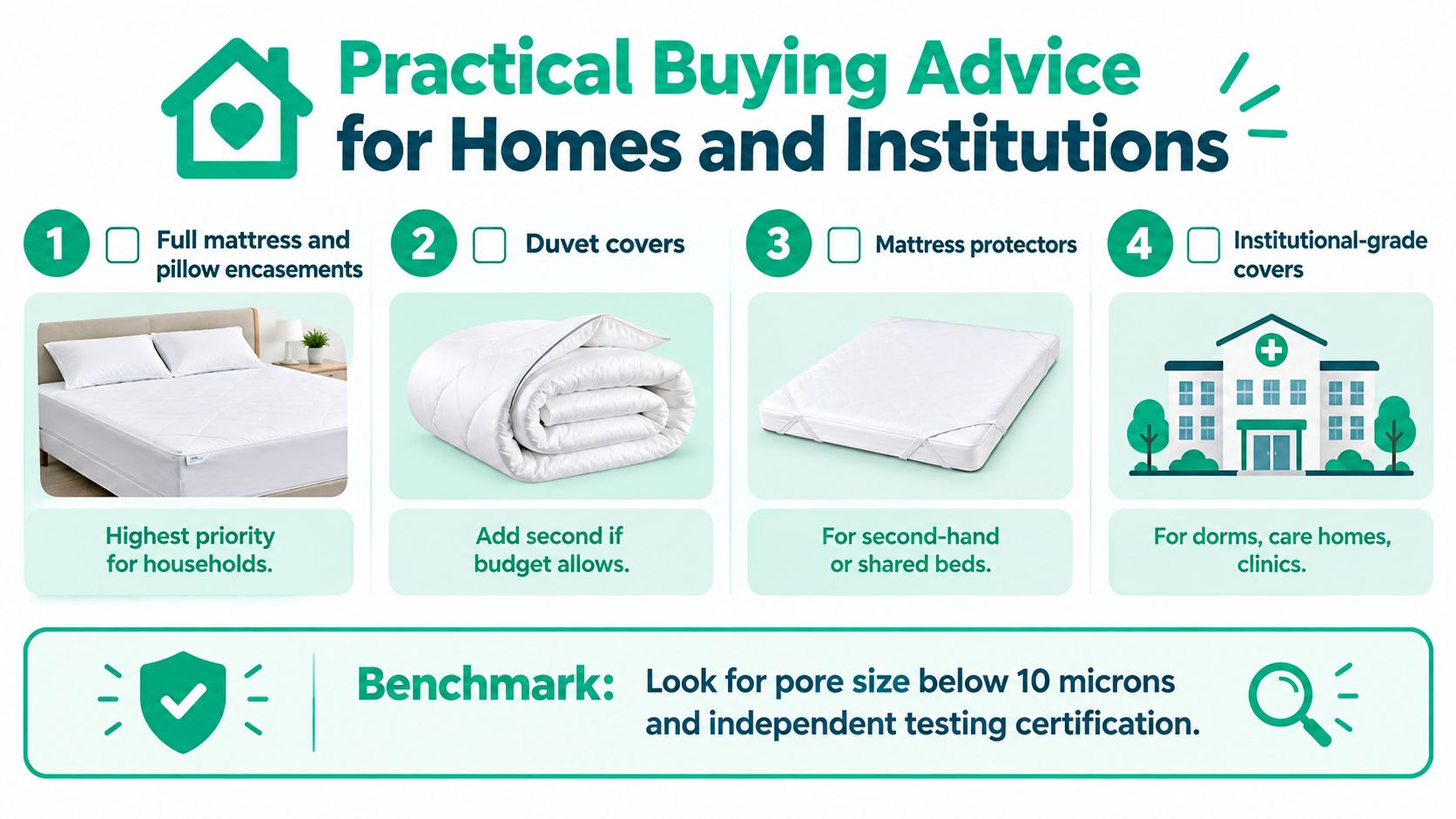 A practical infographic guide for buying dust mite proof bedding for homes, dorms, and medical institutions.