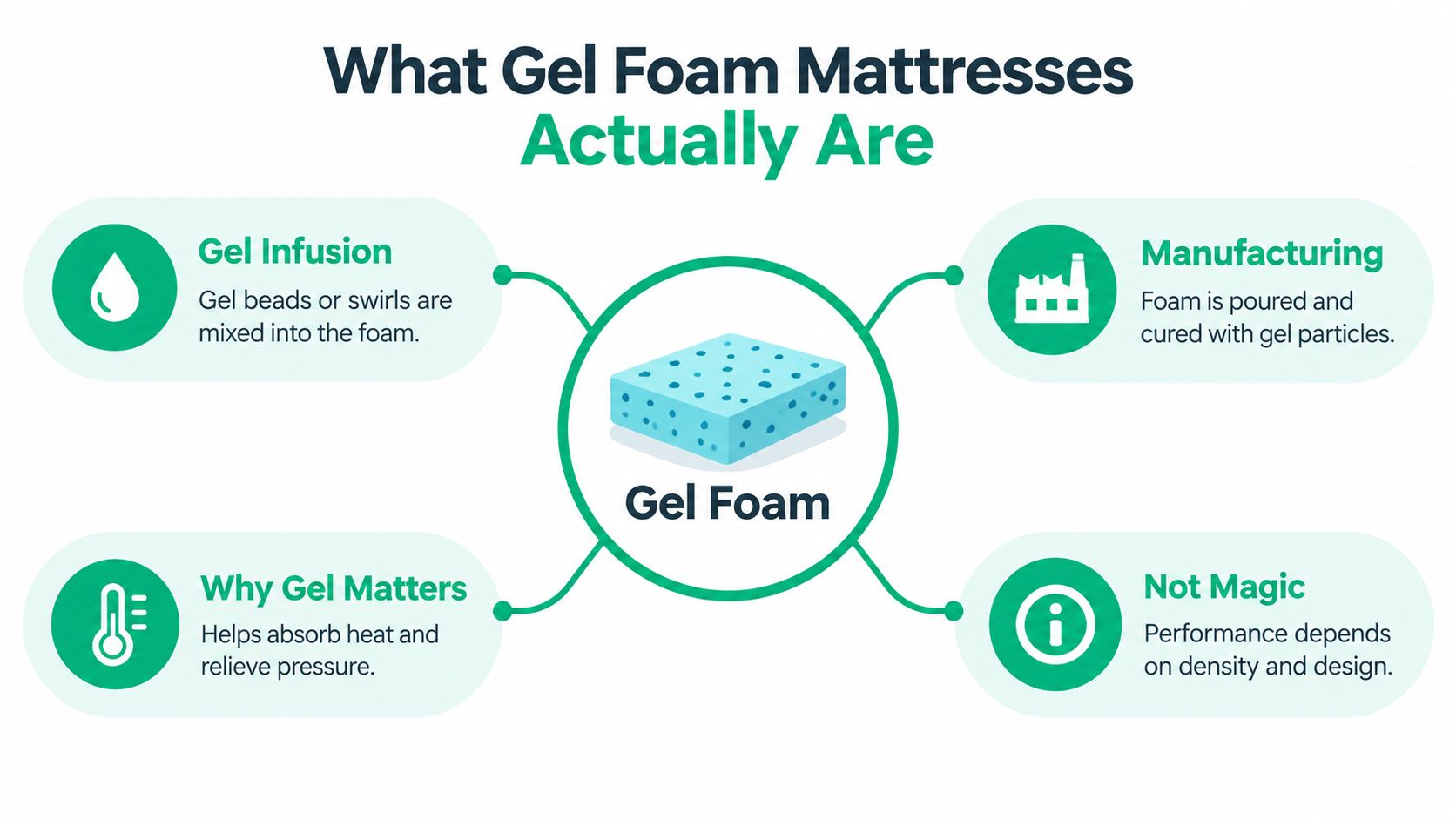 An infographic explaining the composition and benefits of gel foam mattresses, including manufacturing and performance details.