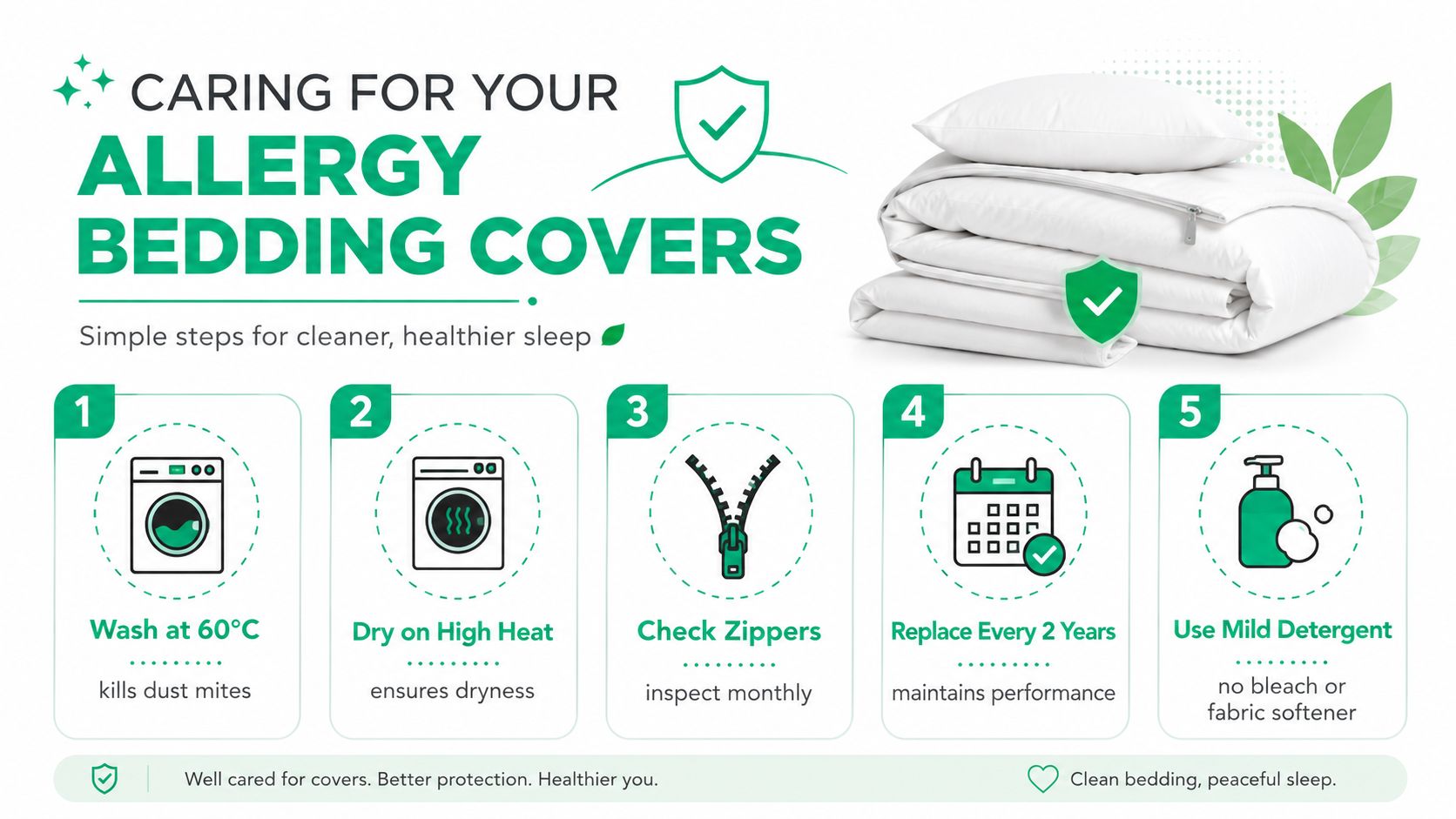 A helpful infographic showing five simple steps for washing and maintaining allergy bedding covers for healthier sleep.