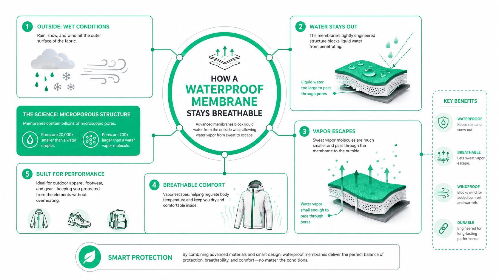 An infographic explaining how waterproof membranes provide breathability and protection for outdoor gear and apparel.