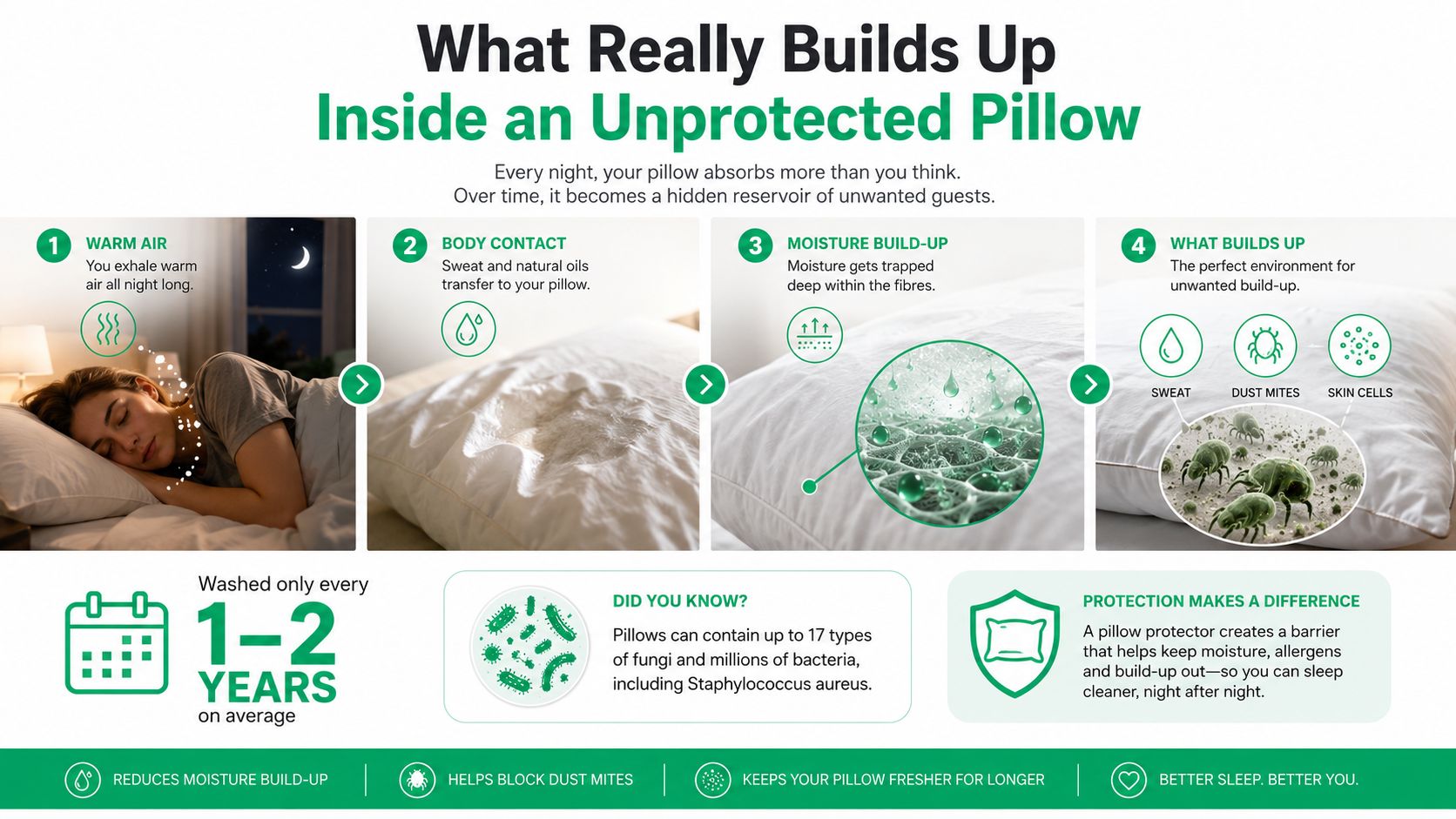 An infographic showing how moisture, sweat, and allergens build up inside unprotected pillows over time.