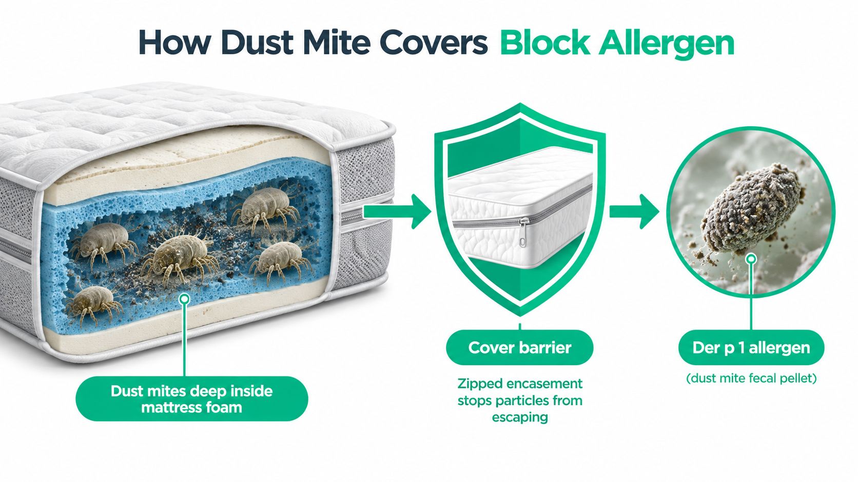 A diagram illustrating how a zipped mattress encasement blocks dust mite allergens from escaping the mattress foam.