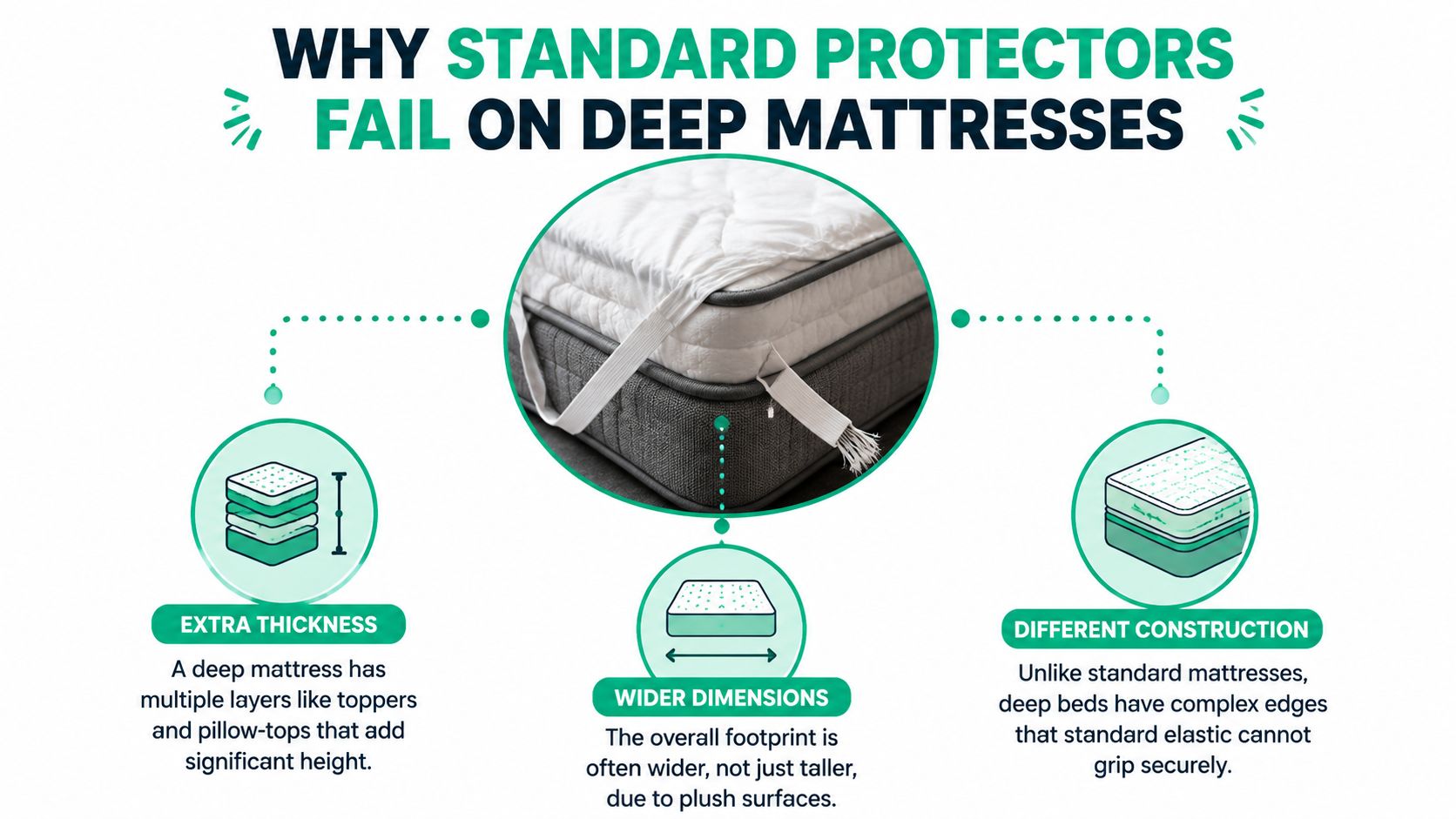 A diagram explaining why standard mattress protectors do not fit correctly on deep, thick mattresses.