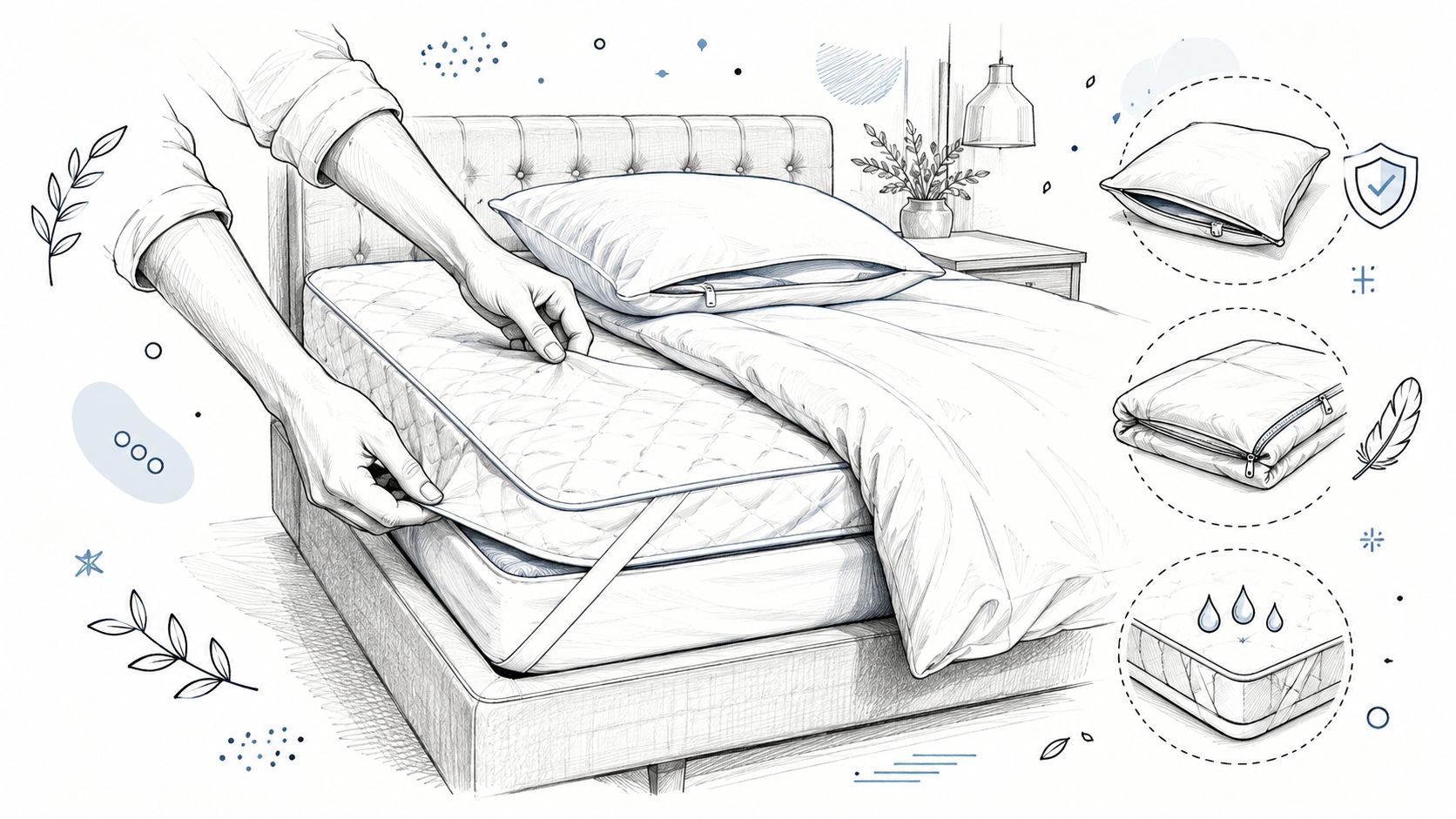 A person placing a protective mattress cover on a bed with pillows and bedding in a bedroom.