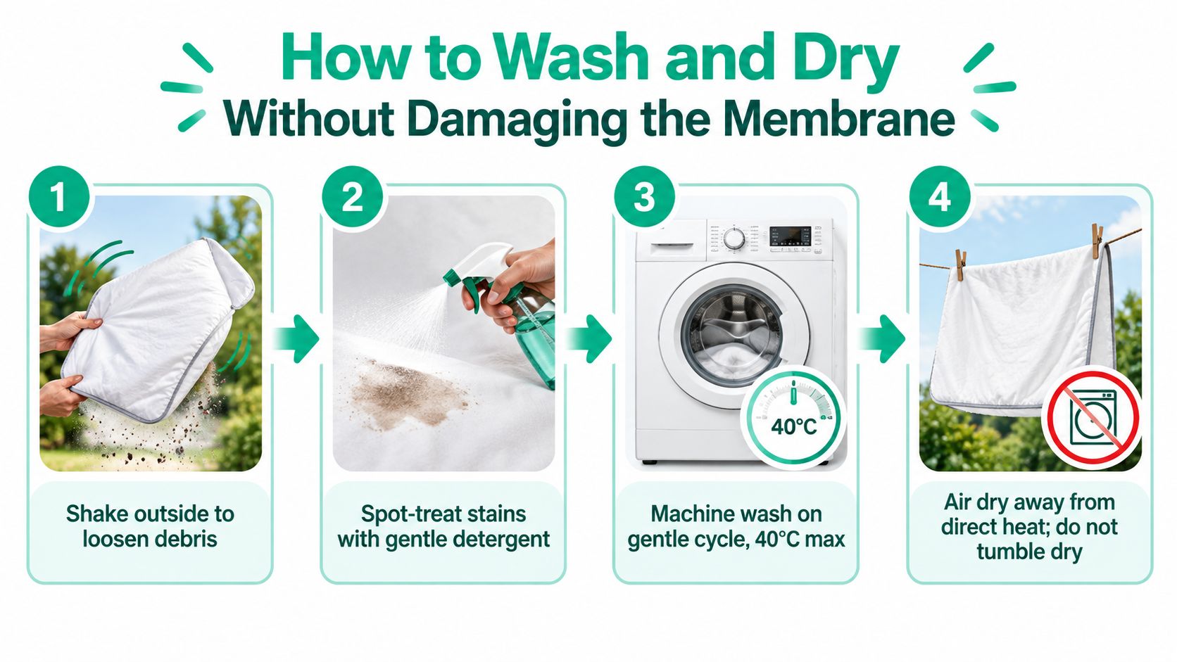 A step-by-step instructional infographic showing how to clean a waterproof mattress protector without damaging its membrane.