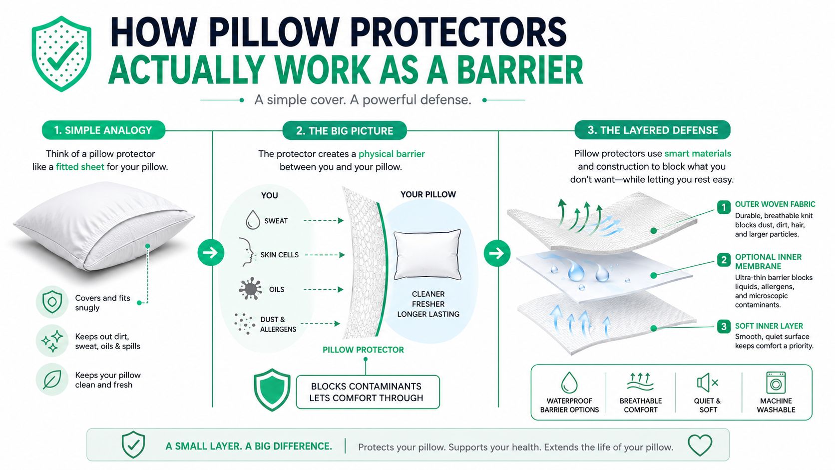 An infographic explaining how pillow protectors work as a barrier to keep pillows clean and fresh.