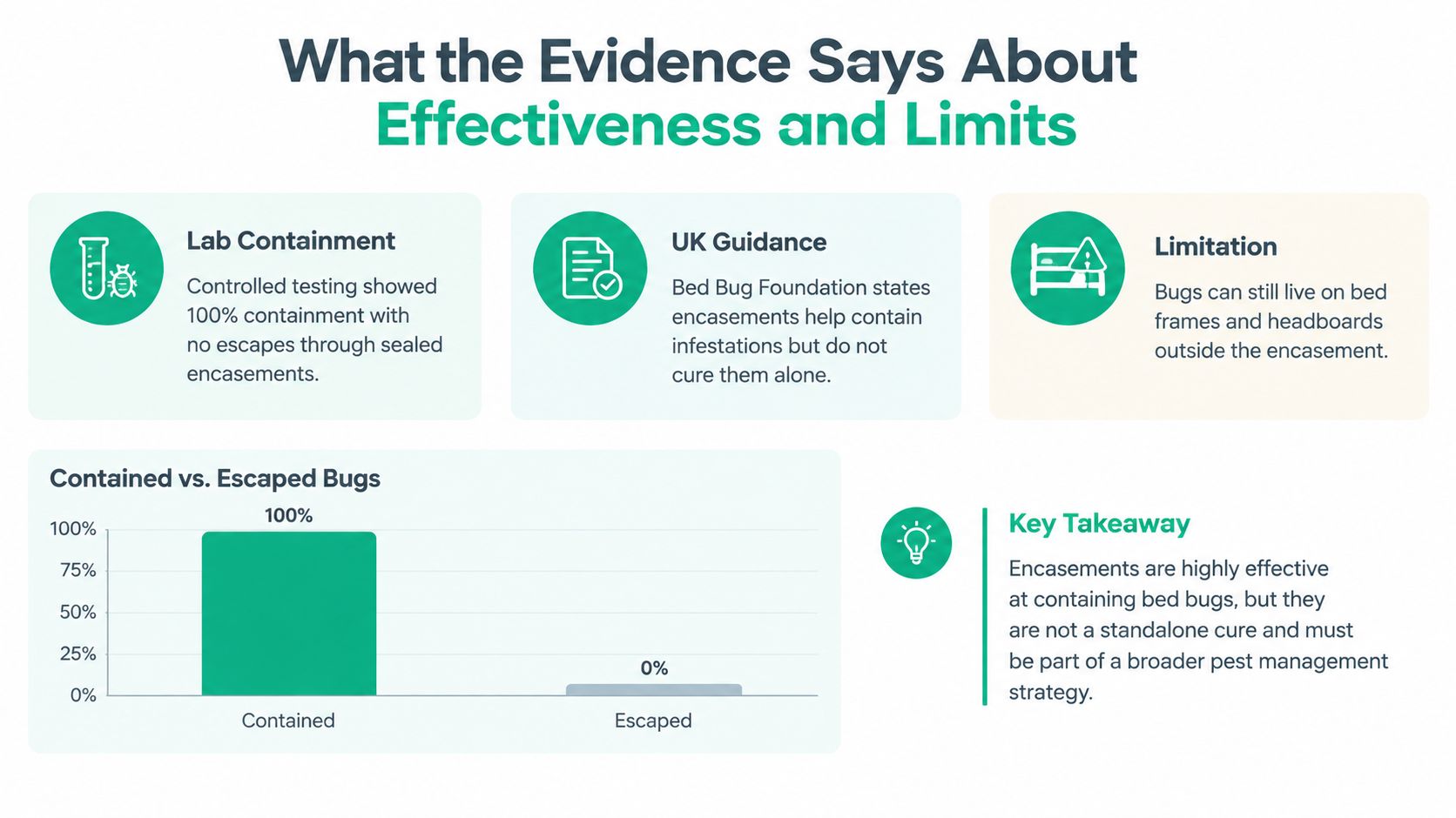 An infographic showing the effectiveness of bed bug encasements based on lab containment and expert guidance.