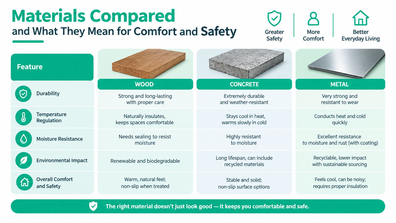 A comparison chart outlining the durability, temperature, moisture, and safety features of wood, concrete, and metal materials.