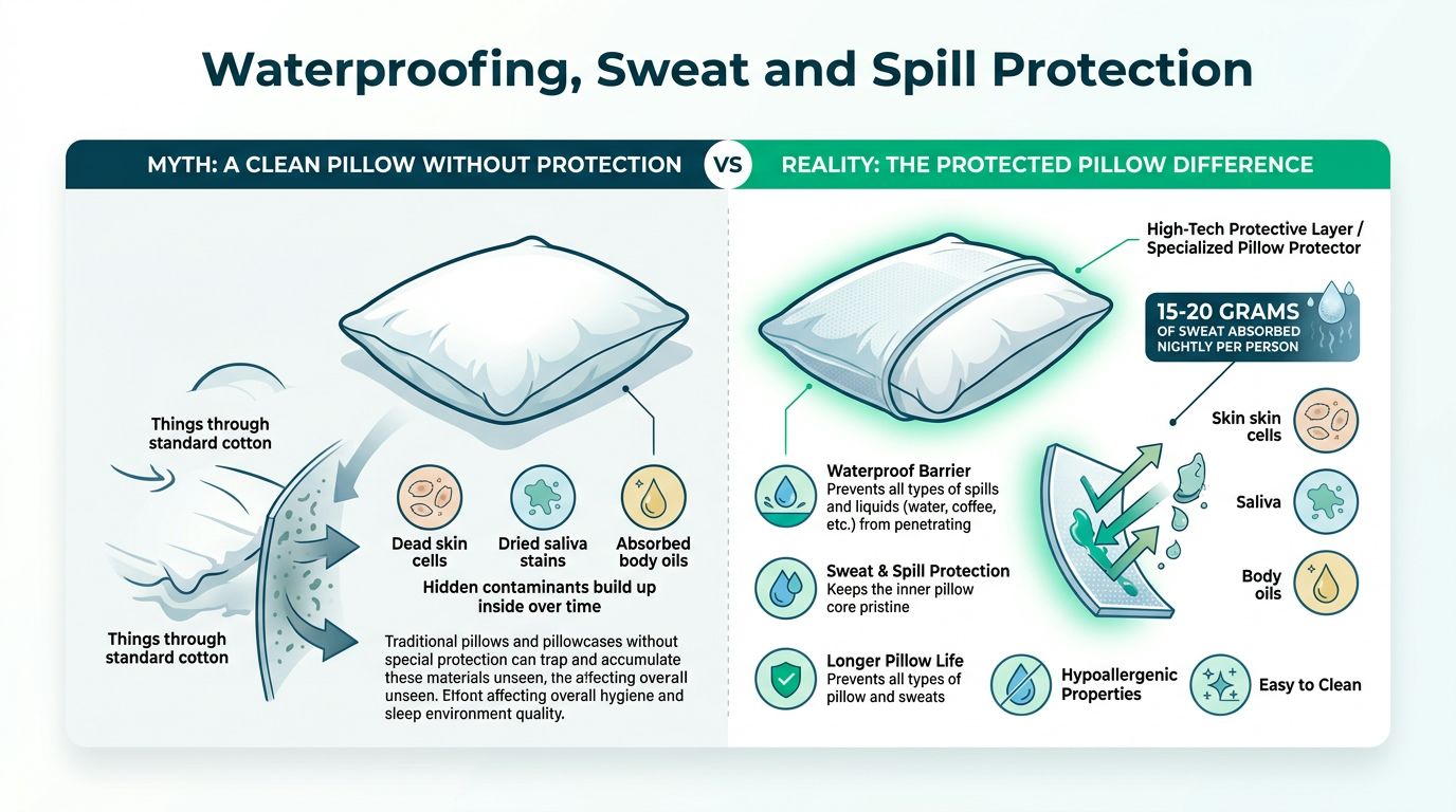 An infographic comparing unprotected pillows filled with contaminants to protected pillows using waterproof guards to maintain hygiene.
