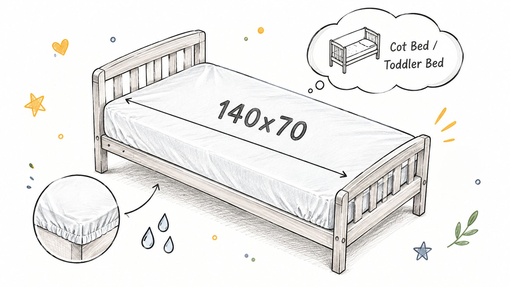 A waterproof fitted mattress protector for a 140x70 cm toddler cot bed shown with water droplet icons.