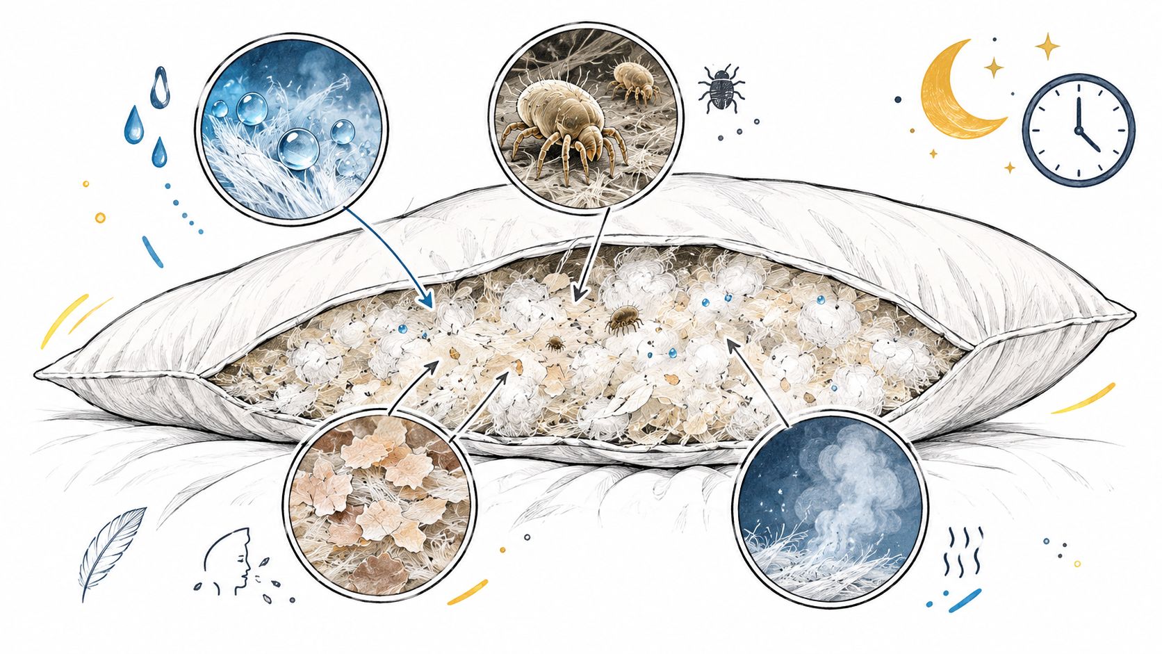 A cross-section illustration of a pillow showing dust mites, skin cells, moisture, and allergens inside.