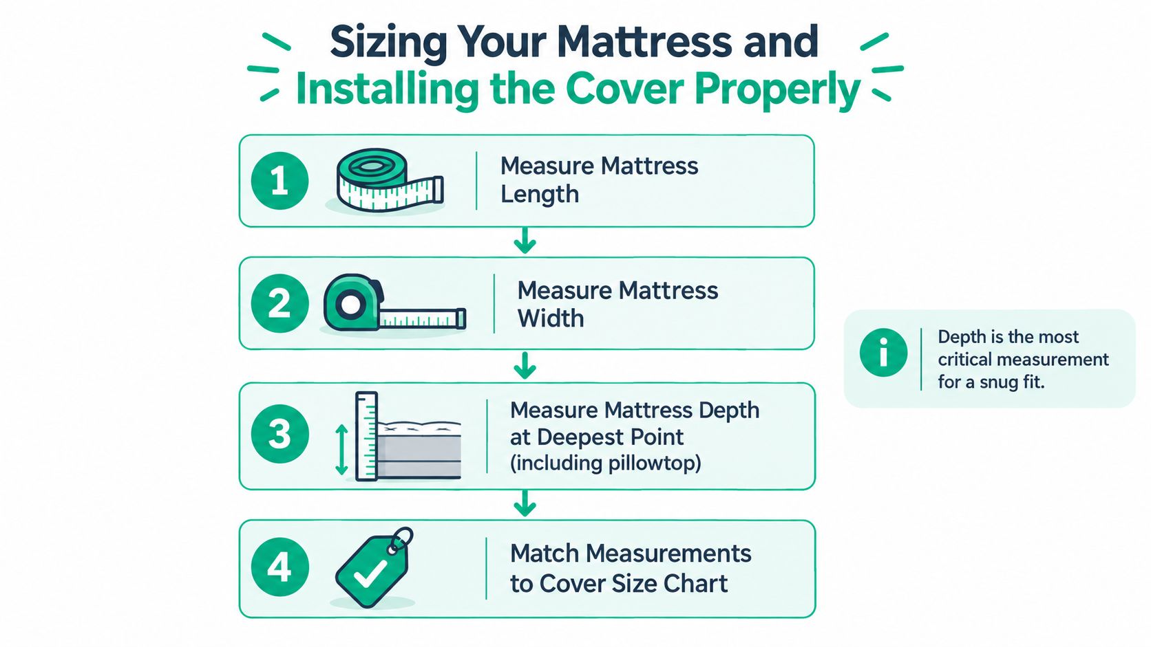 A step-by-step infographic illustrating how to measure a mattress to ensure a proper cover fit.