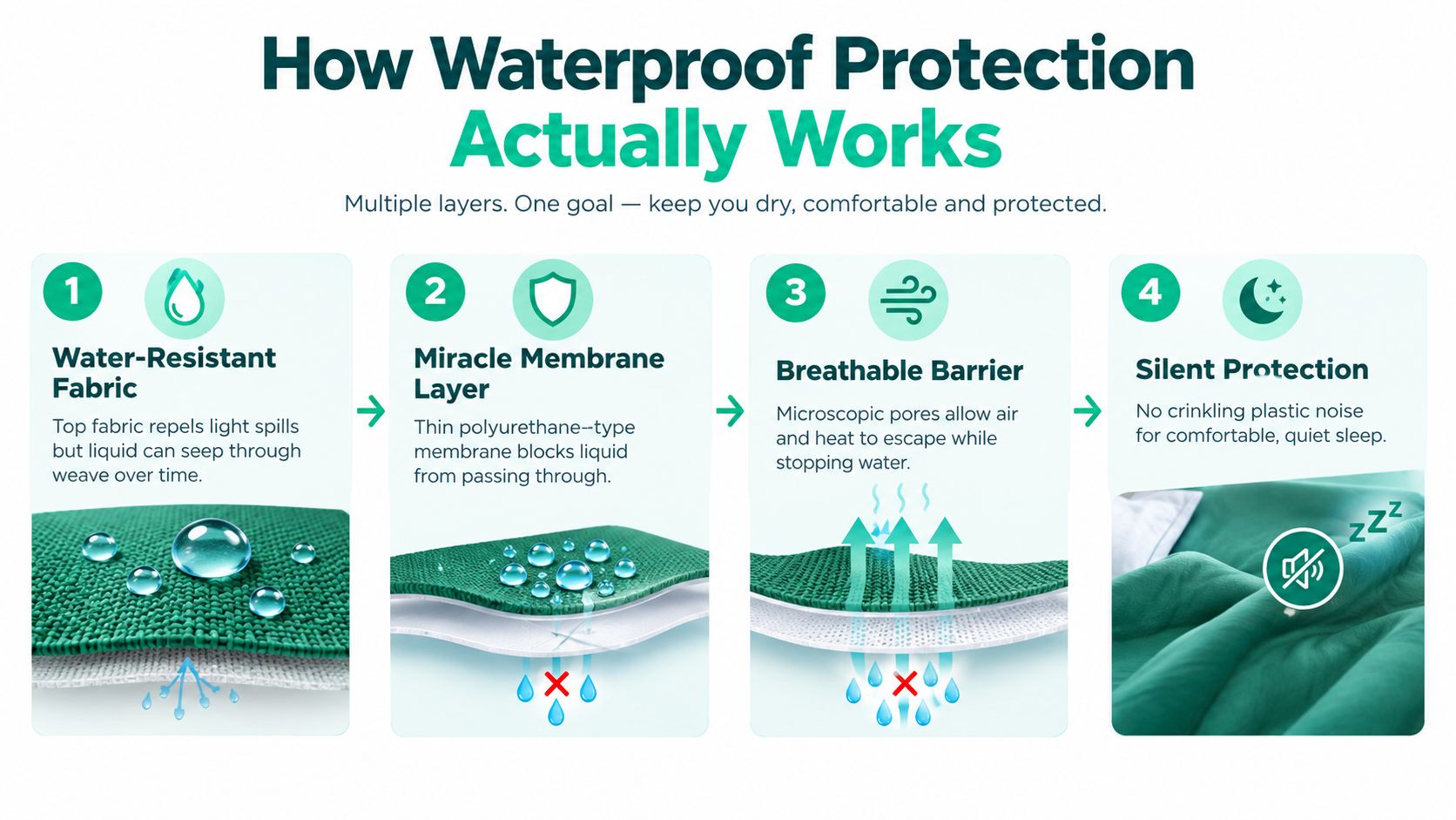 A four-step diagram explaining the layers of a waterproof mattress protector for comfort and protection.
